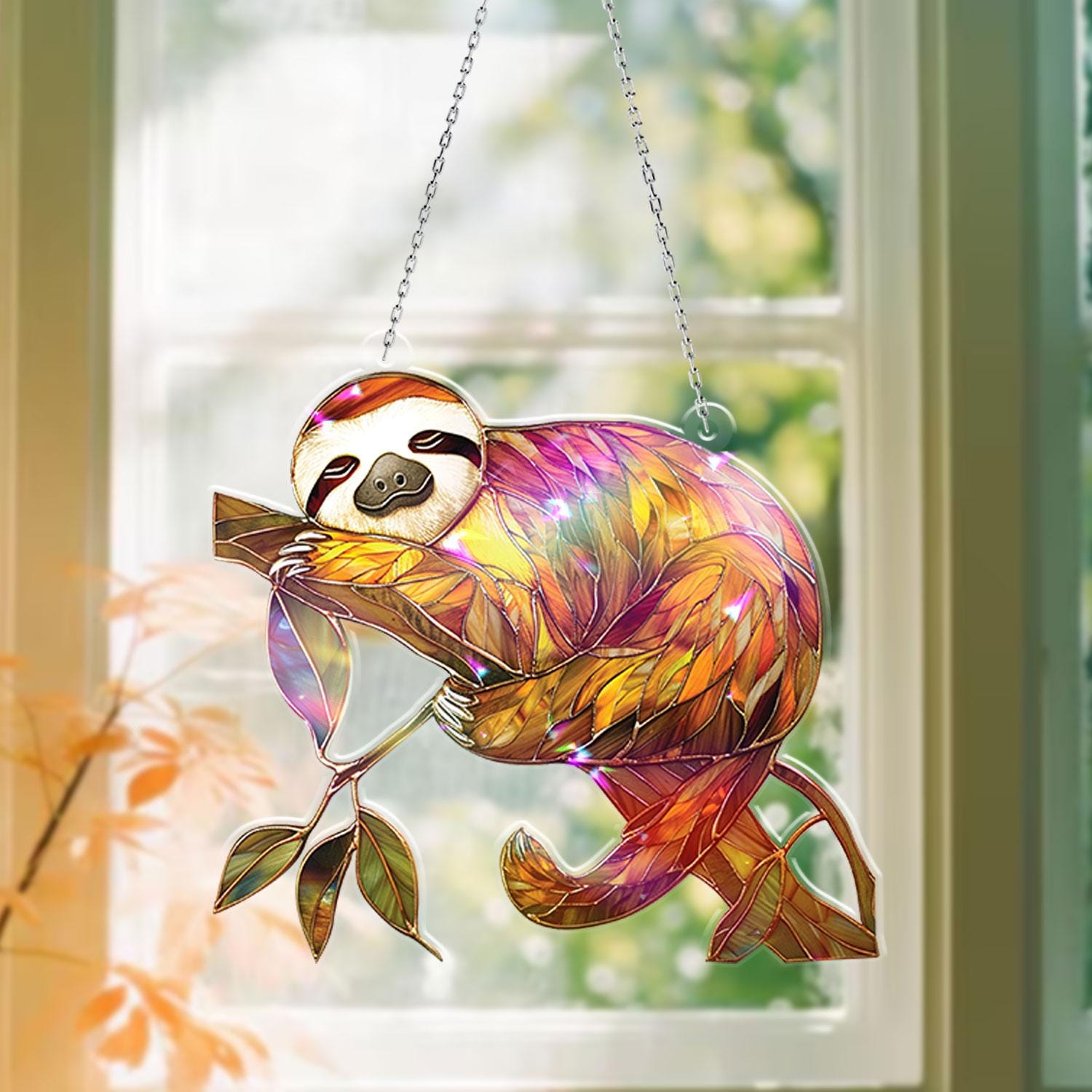 Cute Sloth Sleeping On Branch Acrylic Window Hanging, Stunning Nature Sloth Hologram Decor for Cozy Home Gift