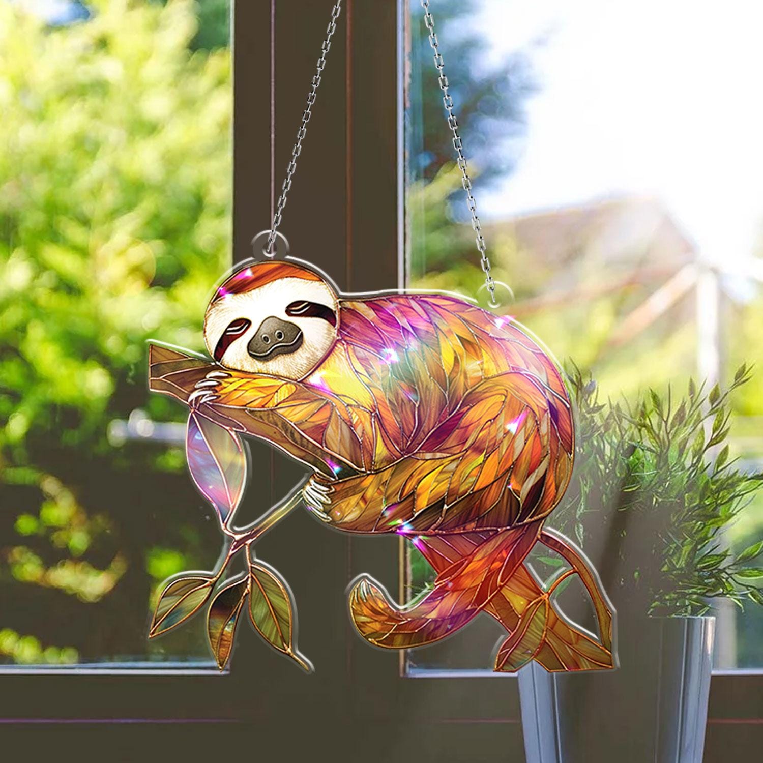 Cute Sloth Sleeping On Branch Acrylic Window Hanging, Stunning Nature Sloth Hologram Decor for Cozy Home Gift