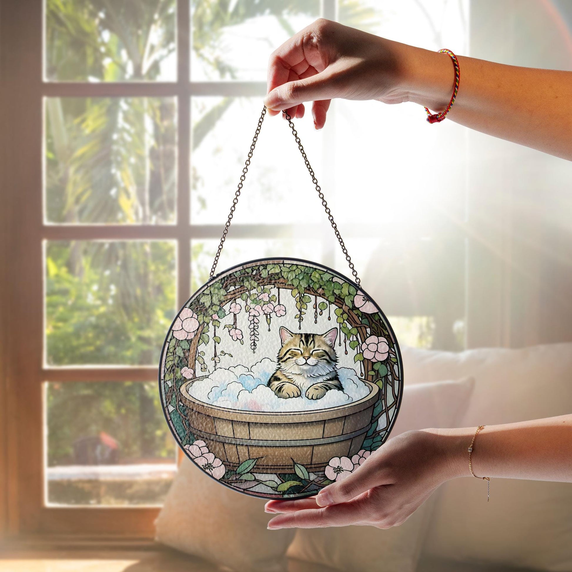 Japandi StyleTabby Cat in Bathroom Glass Suncatcher, Adorable Cat Glass Decor for Bathrooms, Perfect for Cat Lovers Gift