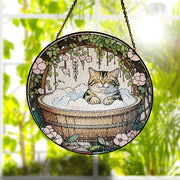 Japandi StyleTabby Cat in Bathroom Glass Suncatcher, Adorable Cat Glass Decor for Bathrooms, Perfect for Cat Lovers Gift