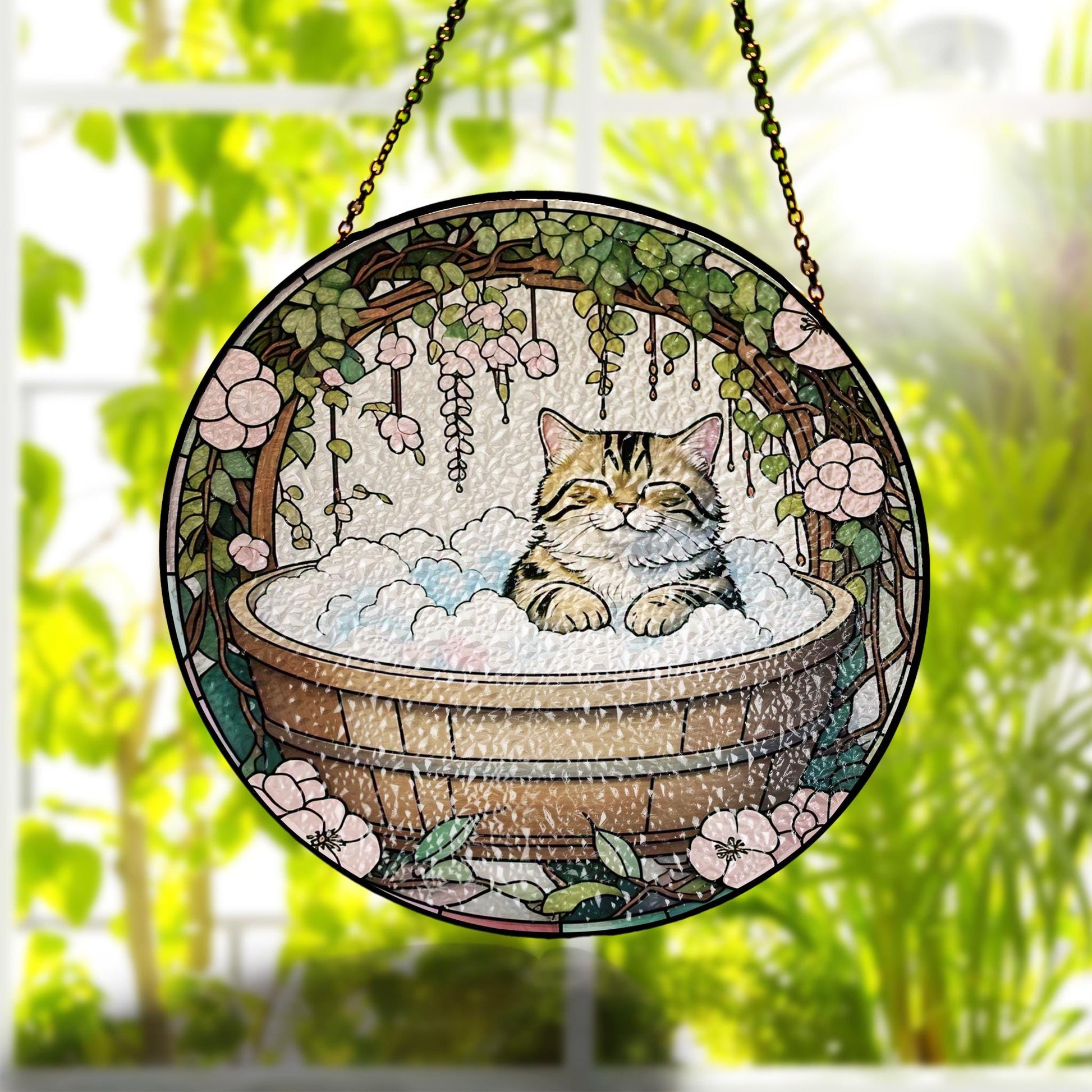 Japandi StyleTabby Cat in Bathroom Glass Suncatcher, Adorable Cat Glass Decor for Bathrooms, Perfect for Cat Lovers Gift
