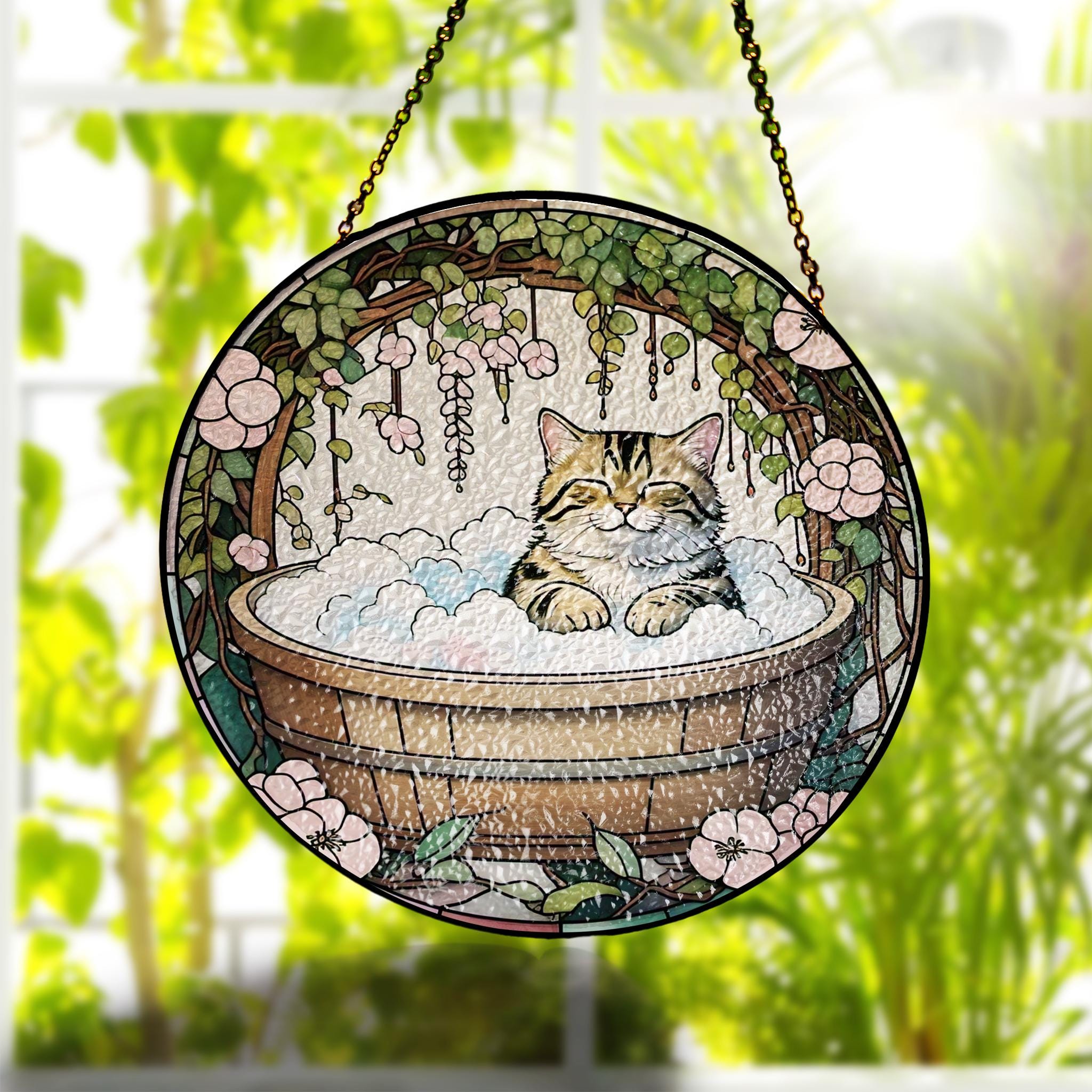 Japandi StyleTabby Cat in Bathroom Glass Suncatcher, Adorable Cat Glass Decor for Bathrooms, Perfect for Cat Lovers Gift