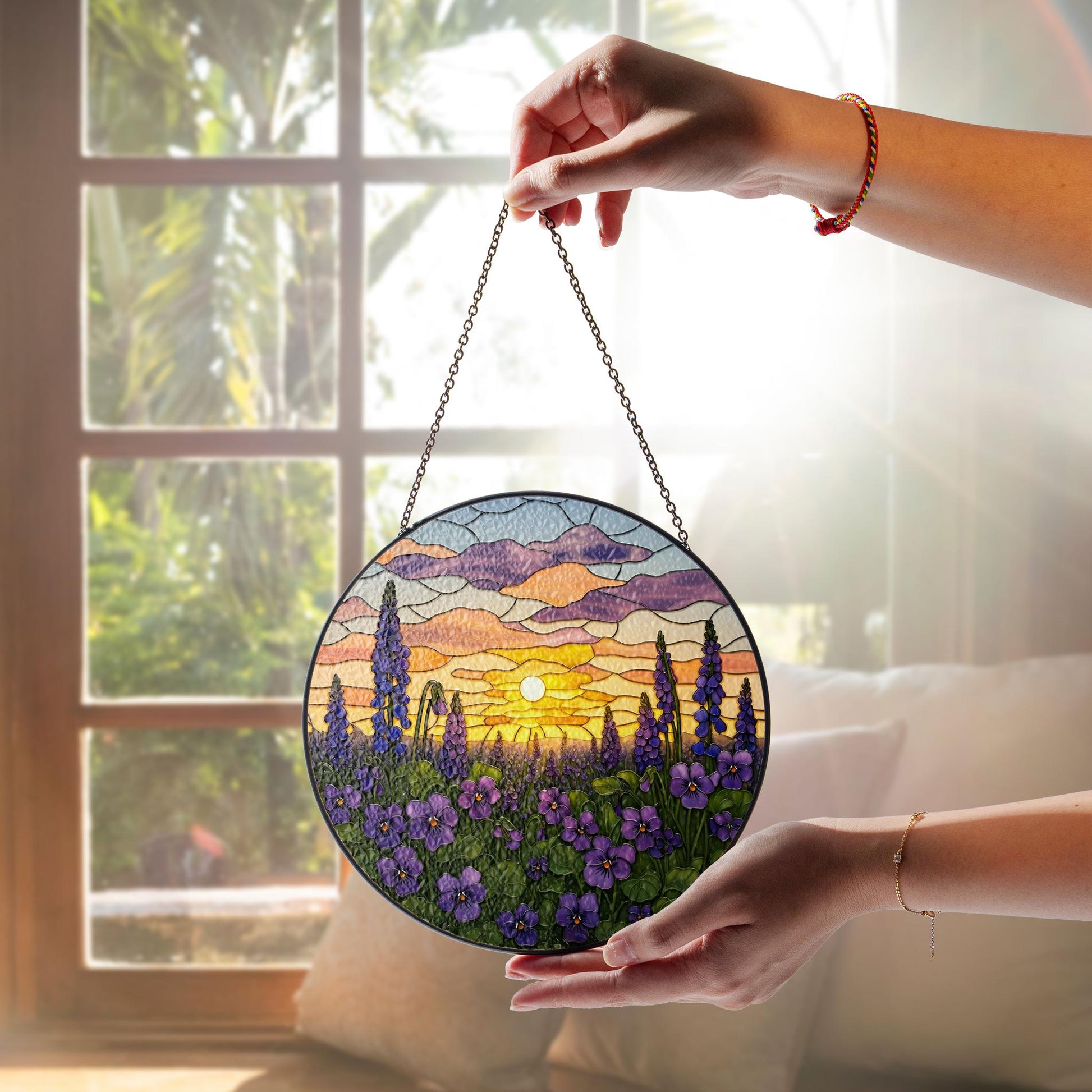 Violet Glass Suncatcher, Sunset Landscape Design, Perfect Decoration for Home, Thoughtful Mother's Day Gift for Moms