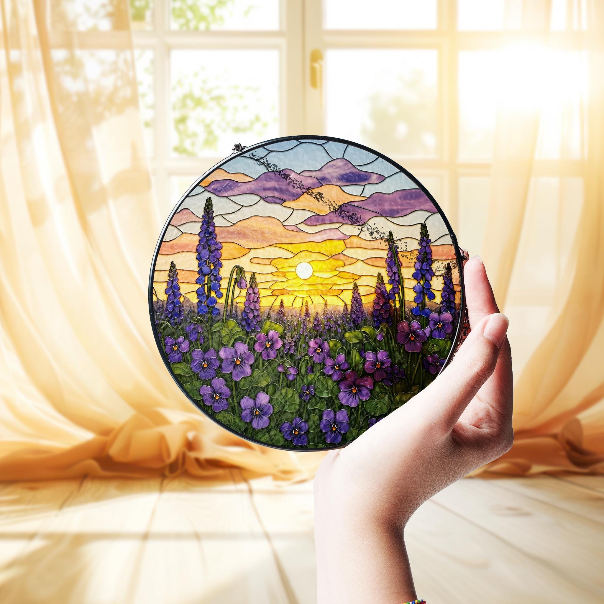 Violet Glass Suncatcher, Sunset Landscape Design, Perfect Decoration for Home, Thoughtful Mother's Day Gift for Moms