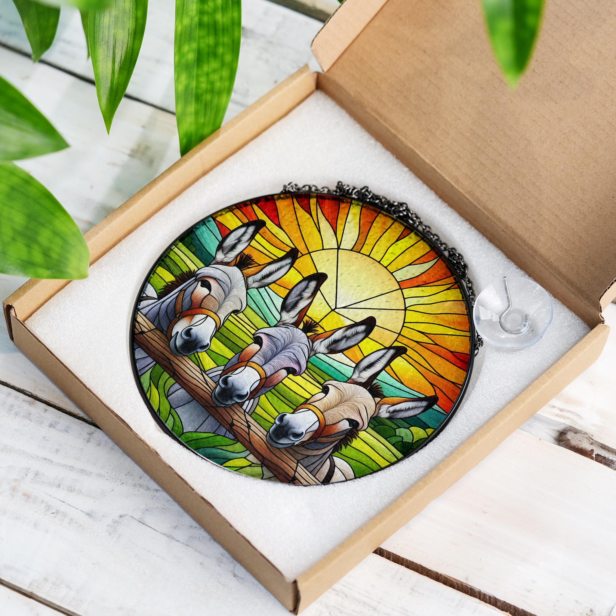Donkeys Peeking Glass Suncatcher, Charming Sunset Landscape Art, Perfect for Farmhouse Living Room Décor, Funny donkey