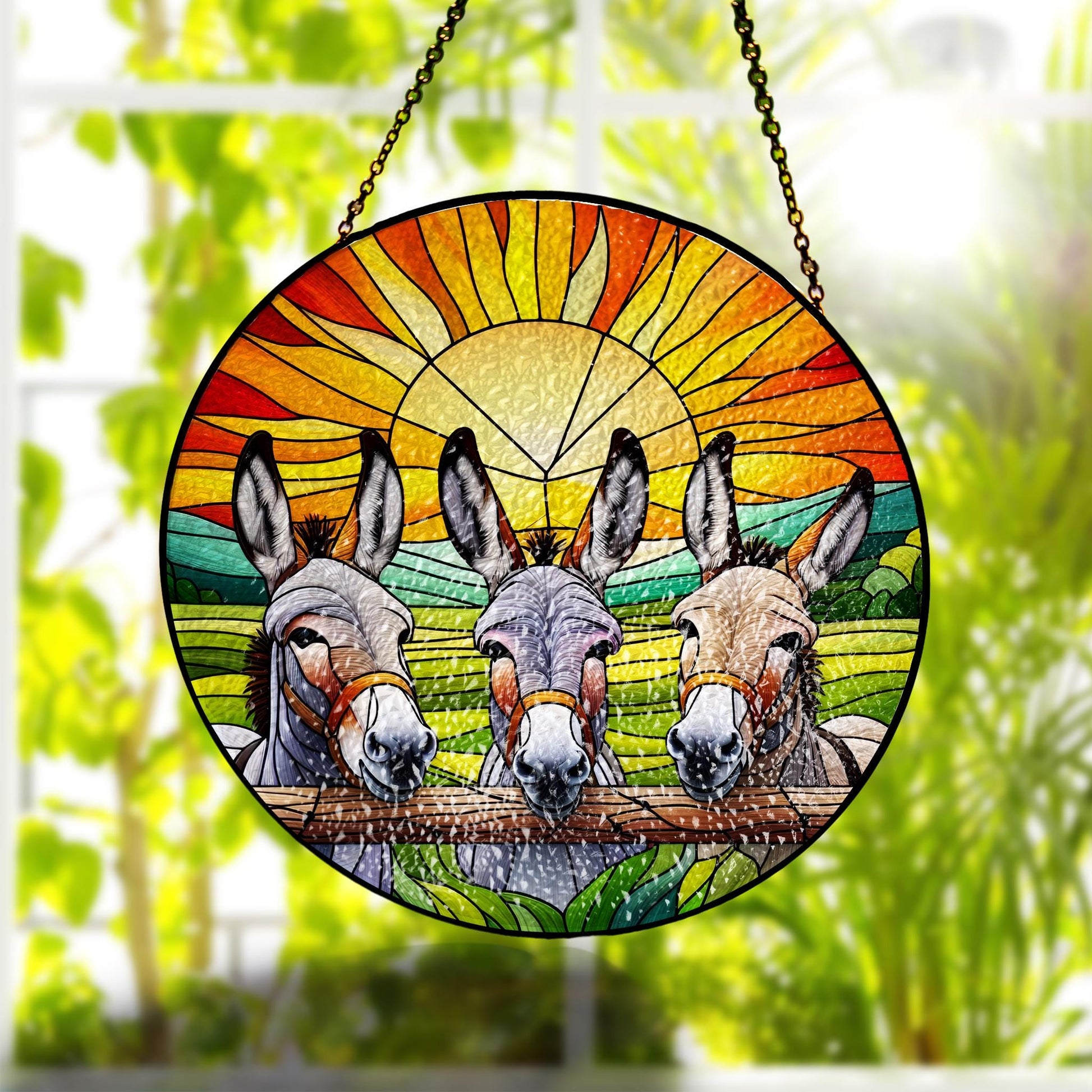 Donkeys Peeking Glass Suncatcher, Charming Sunset Landscape Art, Perfect for Farmhouse Living Room Décor, Funny donkey