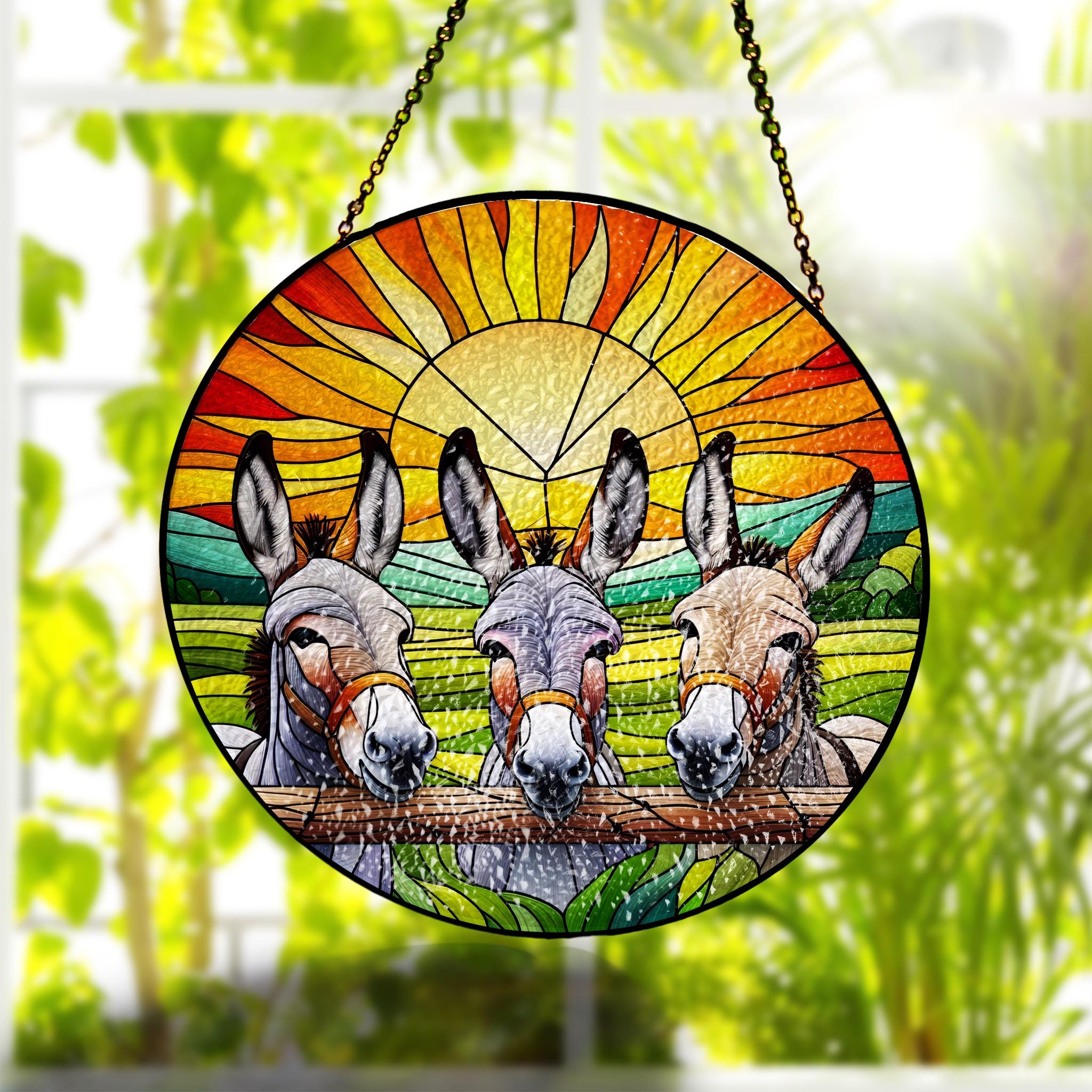 Donkeys Peeking Glass Suncatcher, Charming Sunset Landscape Art, Perfect for Farmhouse Living Room Décor, Funny donkey