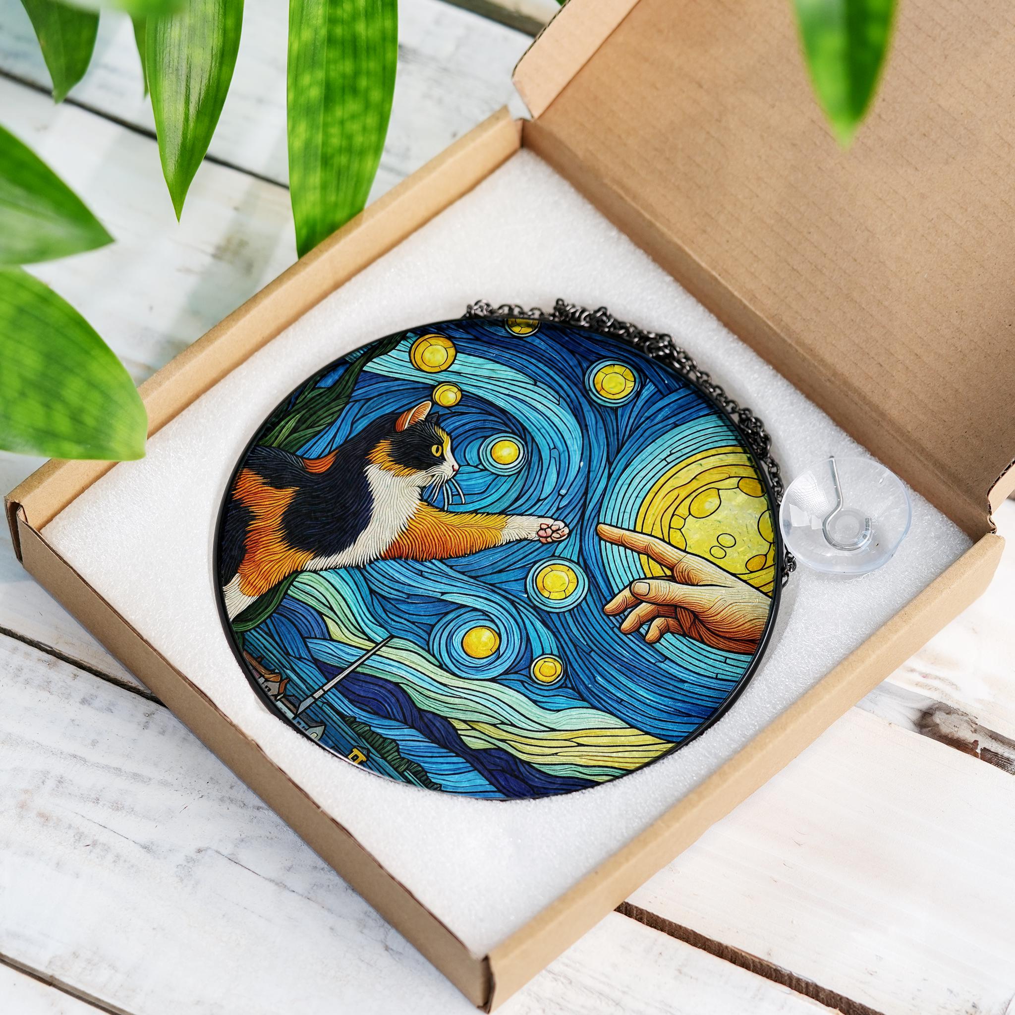 Starry Night Calico cat touching hand glass hanging, cat glass suncatcher, perfect memorial gift for cat lovers and pet remembrance