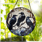 Three Crows on Branch, Ravens Glass Suncatcher, Dark Academia Home Decor, Nature-Inspired Art for Unique Spaces
