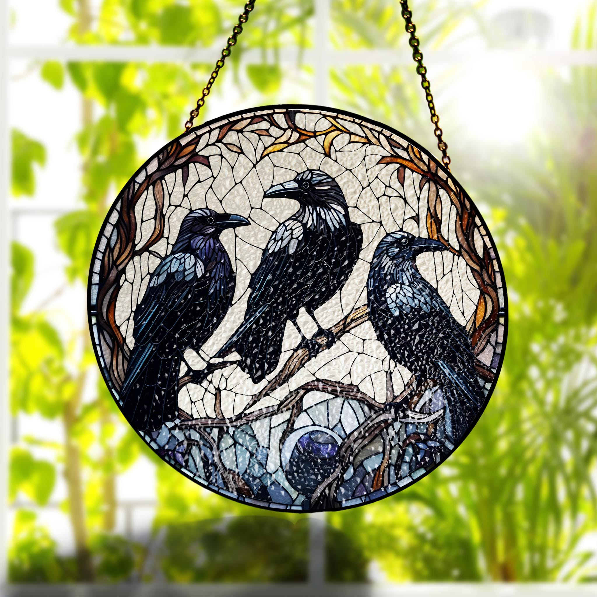 Three Crows on Branch, Ravens Glass Suncatcher, Dark Academia Home Decor, Nature-Inspired Art for Unique Spaces