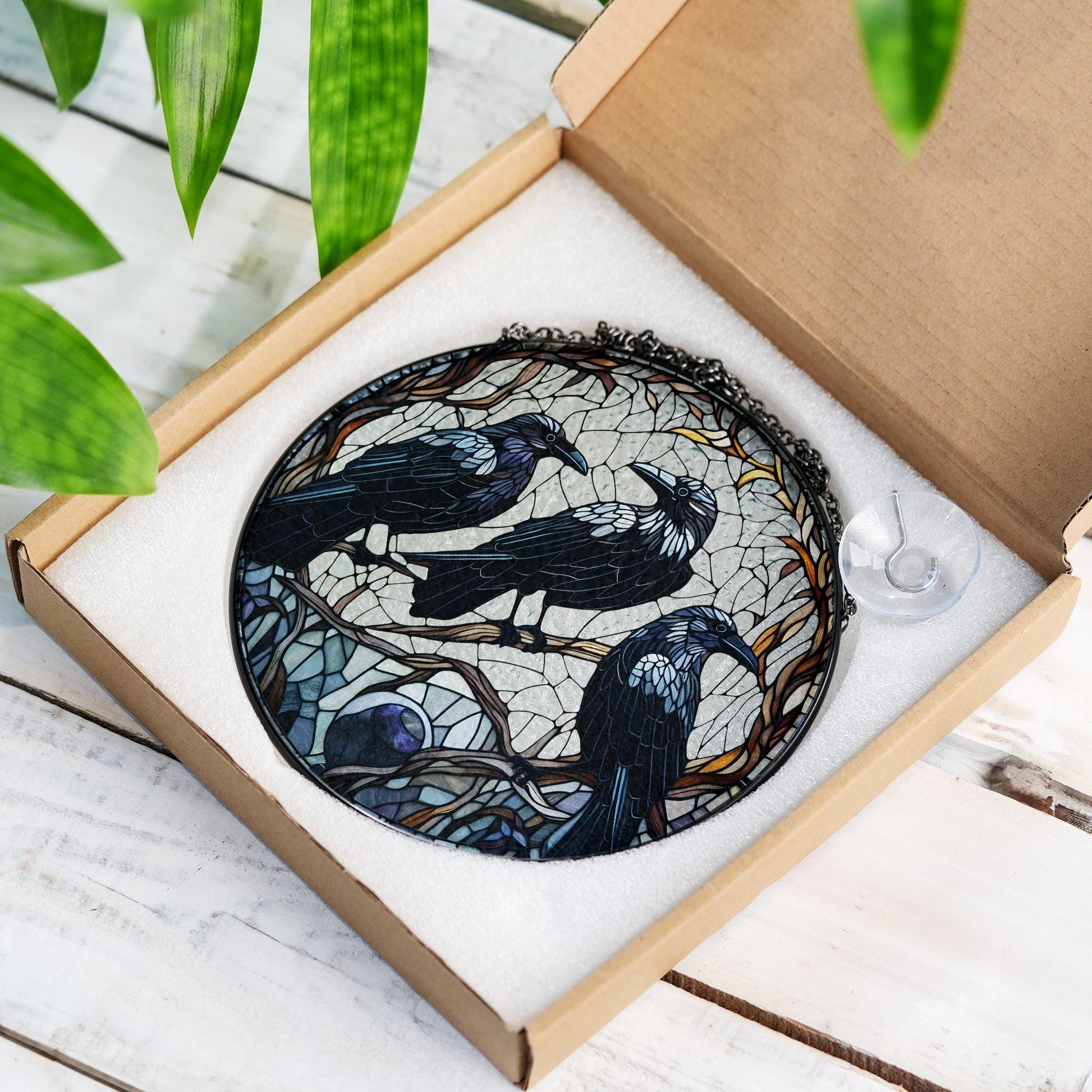 Three Crows on Branch, Ravens Glass Suncatcher, Dark Academia Home Decor, Nature-Inspired Art for Unique Spaces