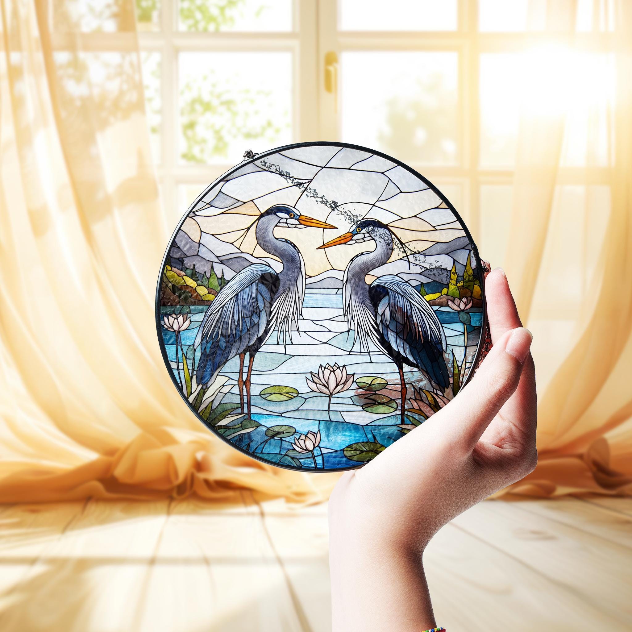 Blue Grey Herons Couple Glass Suncatcher, Perfect Nature Landscape Home Décor for Bird Lovers and Couples Gift