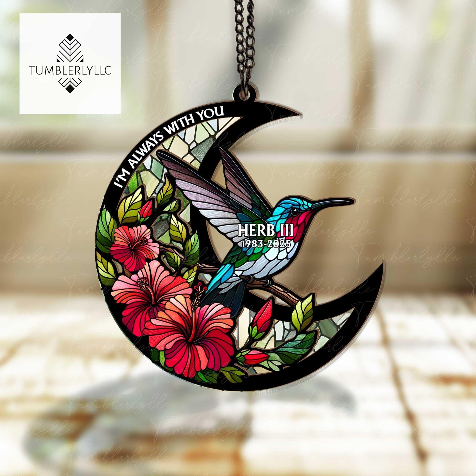 Personalized Suncatcher Ornament, Hummingbird & Hibiscus ornament Piece, In Loving Memory Treasure, Perfect for Hummingbird Lovers