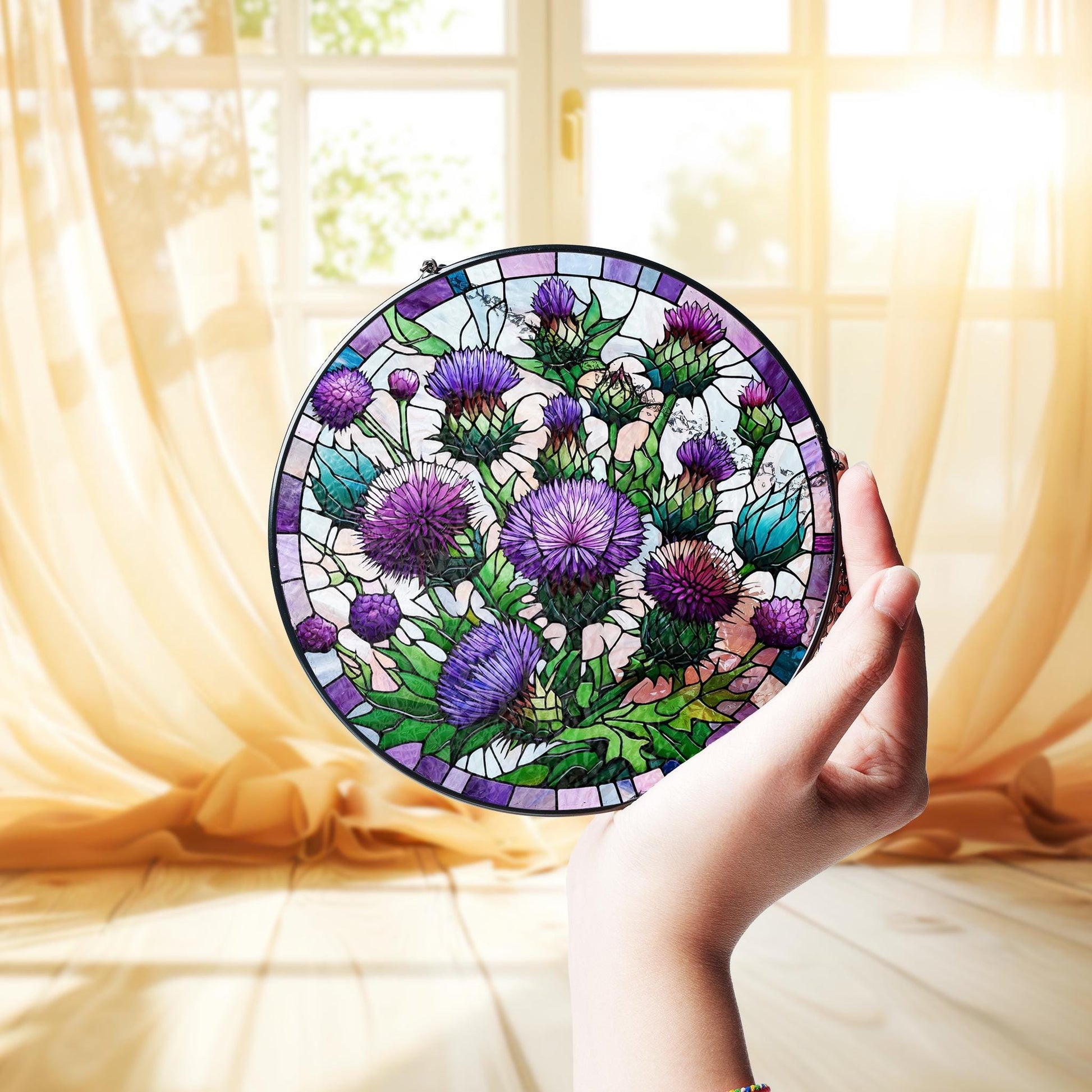 Purple thistles glass suncatcher, beautiful nature-inspired decoration, perfect for thistles lovers gift, indoor plant hanging