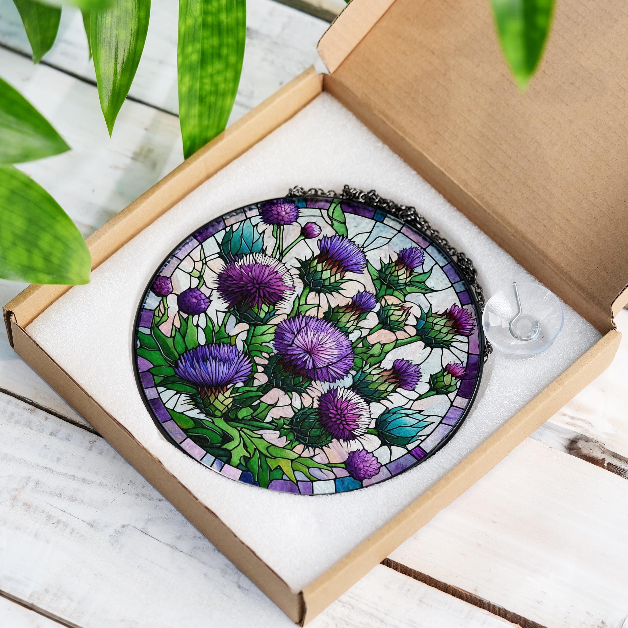 Purple thistles glass suncatcher, beautiful nature-inspired decoration, perfect for thistles lovers gift, indoor plant hanging