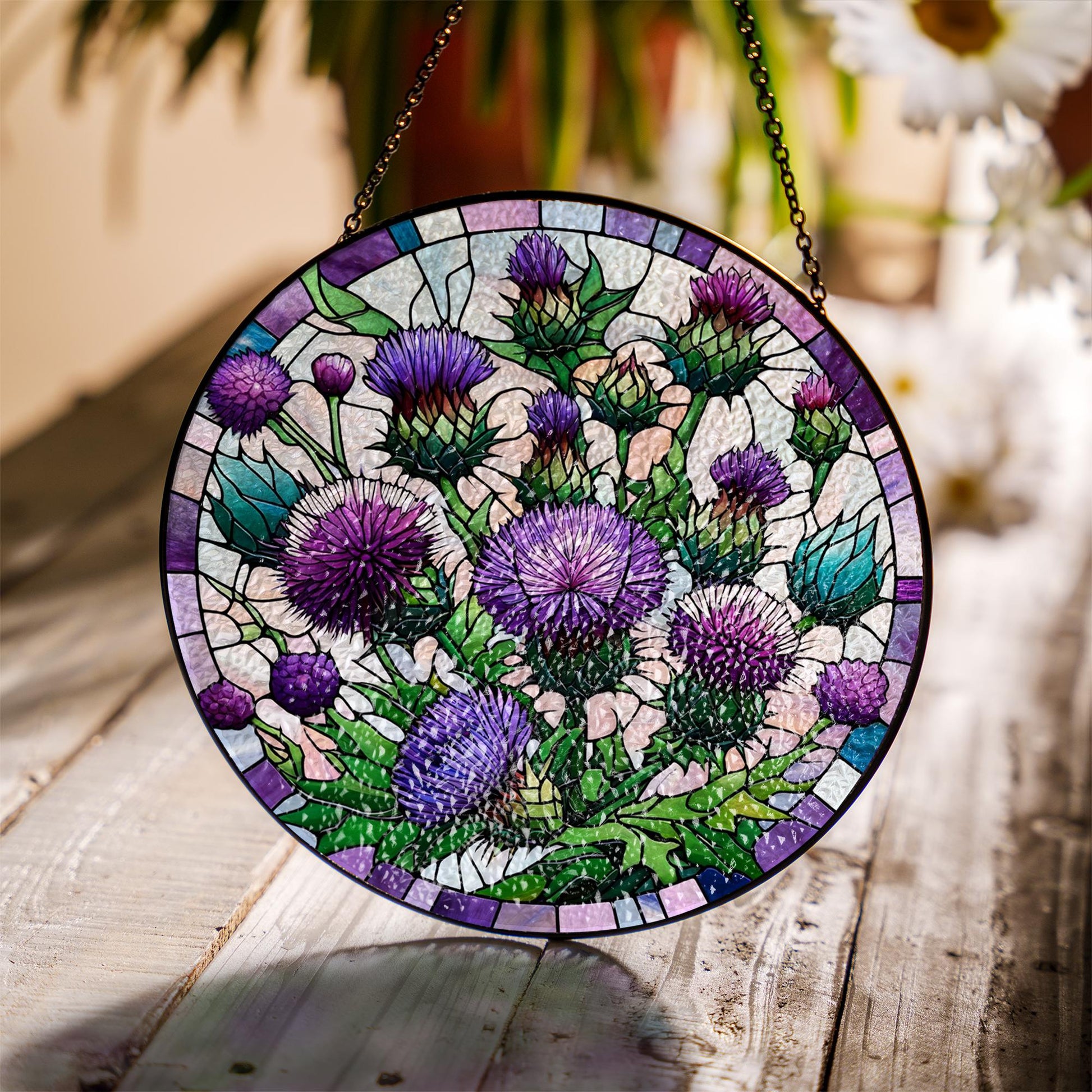 Purple thistles glass suncatcher, beautiful nature-inspired decoration, perfect for thistles lovers gift, indoor plant hanging