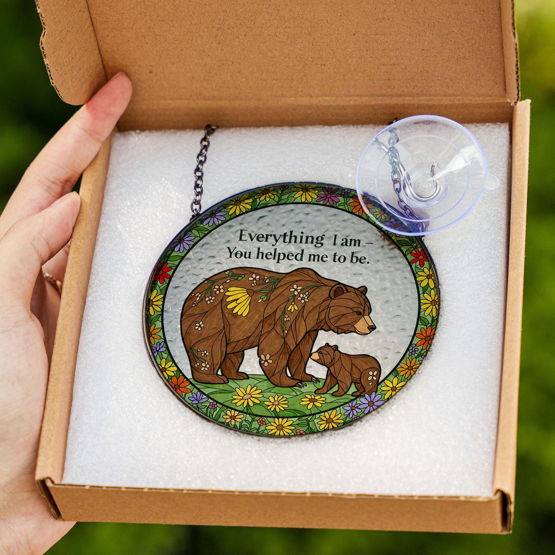 Gift For Mom, Bear Mama & Kid Glass Suncatcher, Everything I Am You Helped Me To Be Suncatcher, Mama Bear Sign Decor, Mother's Day Gift