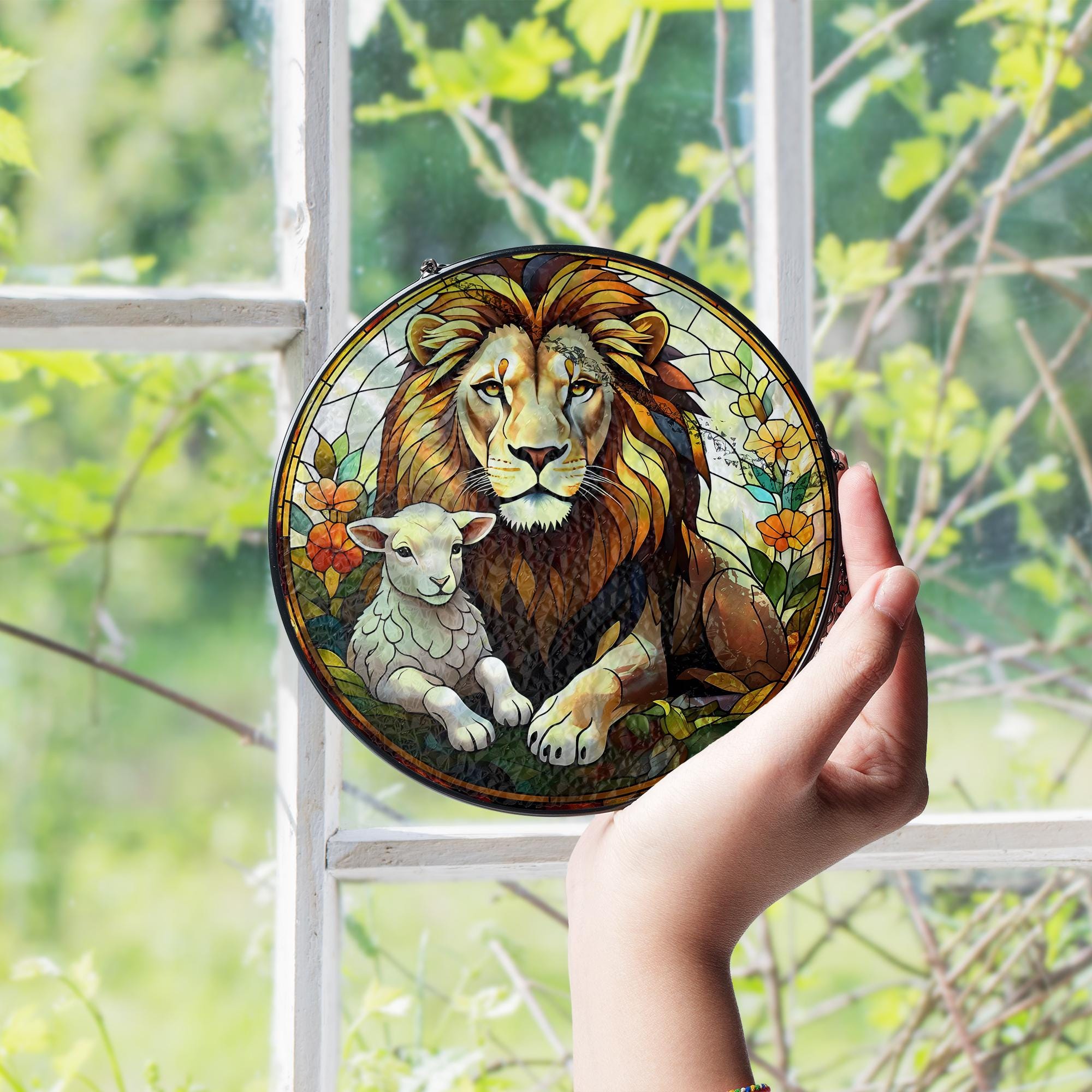 Jesus Lion of Judah Glass Suncatcher, Lion and lamb, Christian Art Suncatcher, God Art Sign, Christian Gift, Catholic Glass hanging