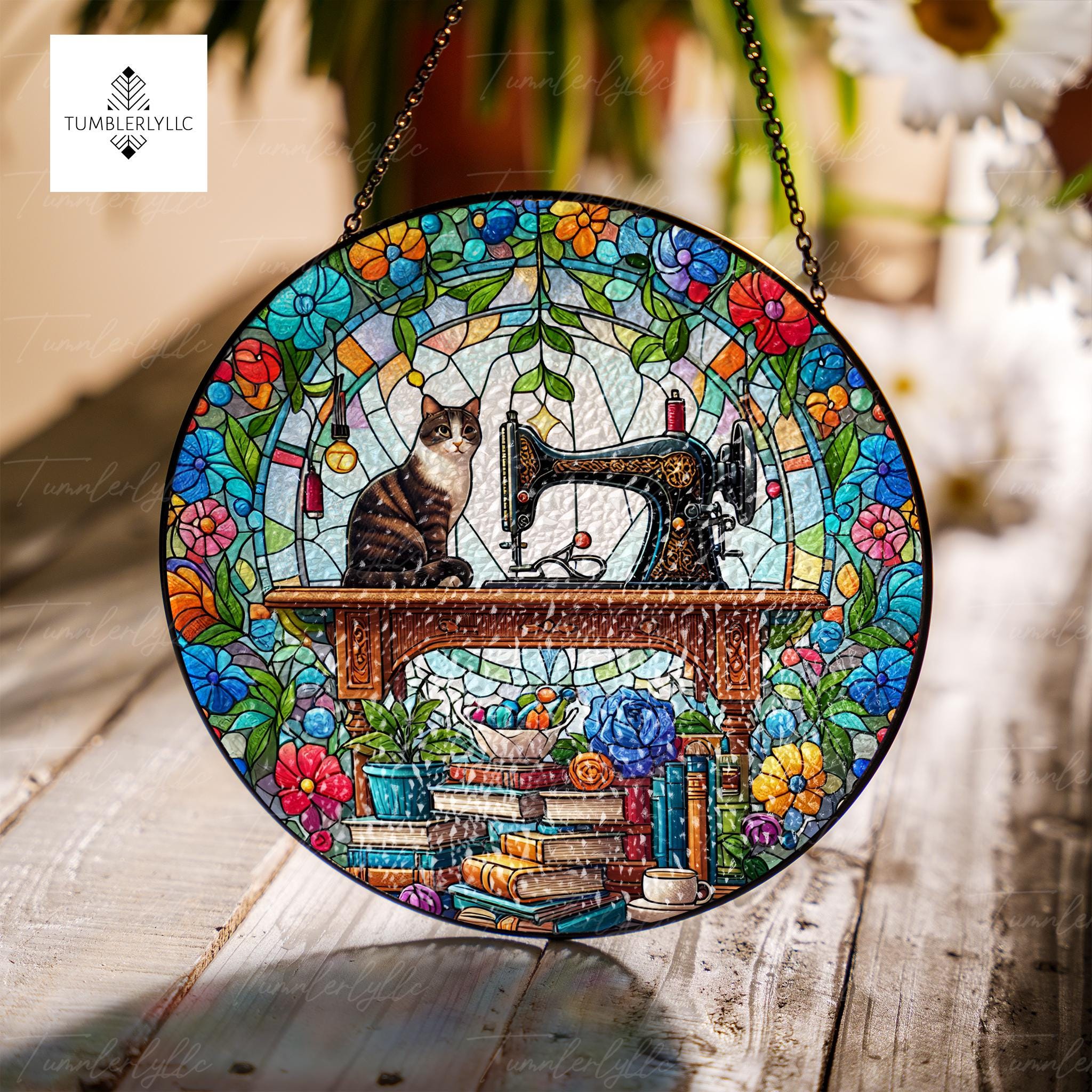 Sewing Machine and Tabby Cat Glass hanging, sewing machine  Glass Suncatcher, Playful Decor for Sewing Lovers, Perfect Gift for Sewers