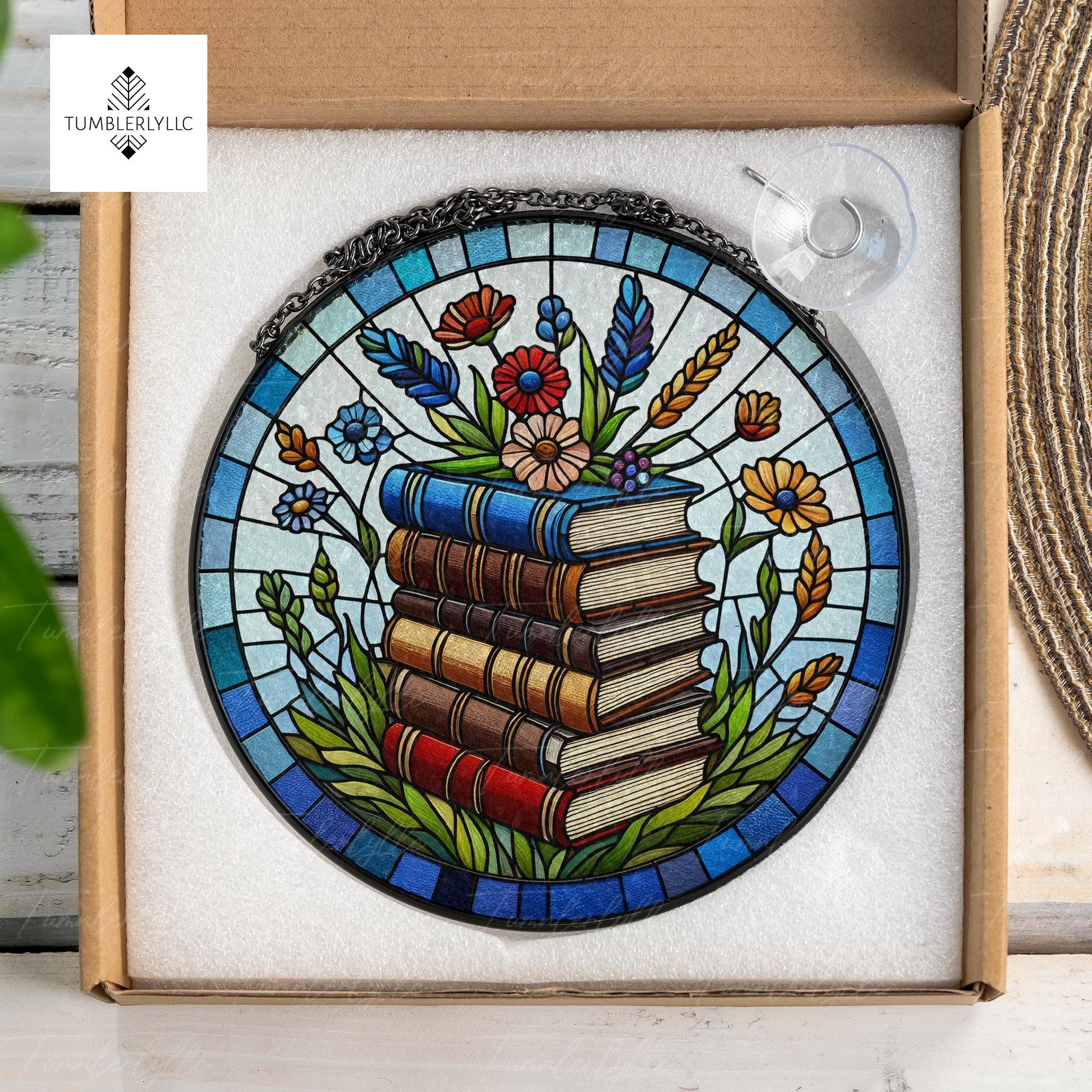 Wildflowers on Bookstacks Glass Suncatcher, Enchanting Reading Room Decor, Perfect Gift for Book Nerds, Reading lover gift