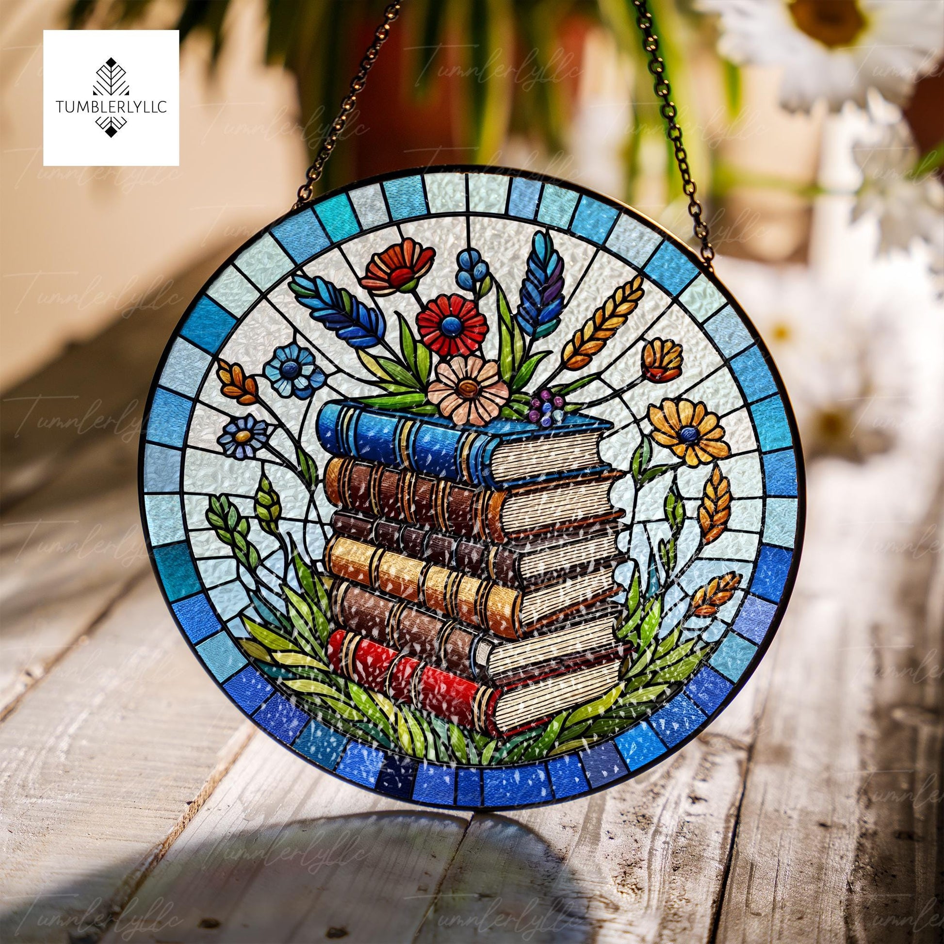 Wildflowers on Bookstacks Glass Suncatcher, Enchanting Reading Room Decor, Perfect Gift for Book Nerds, Reading lover gift
