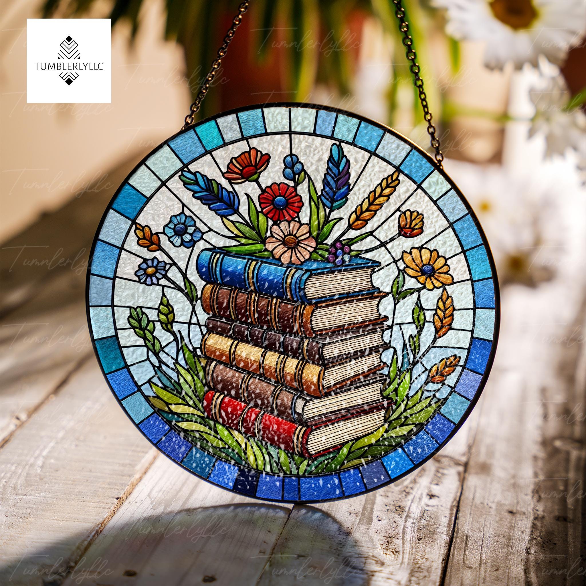 Wildflowers on Bookstacks Glass Suncatcher, Enchanting Reading Room Decor, Perfect Gift for Book Nerds, Reading lover gift