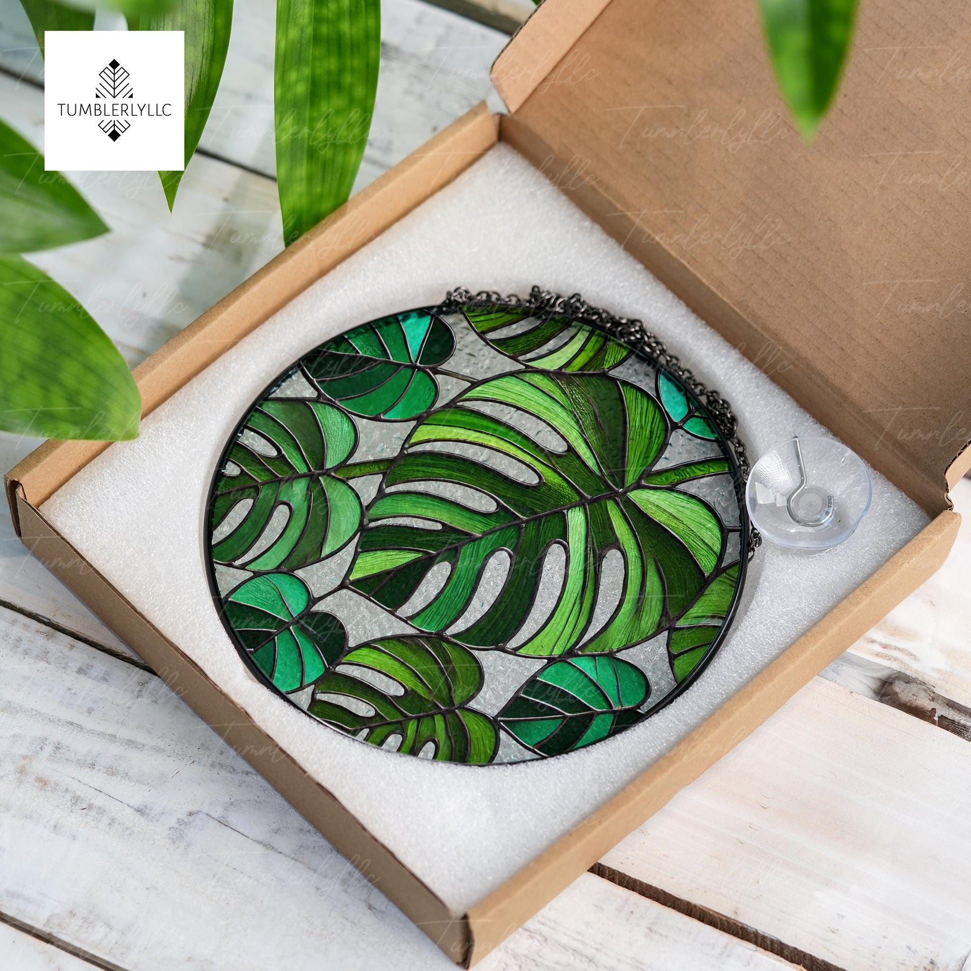 Monstera leaves glass suncatcher, vibrant tropical decor for indoor plants, perfect gift for plant lovers and home enthusiasts