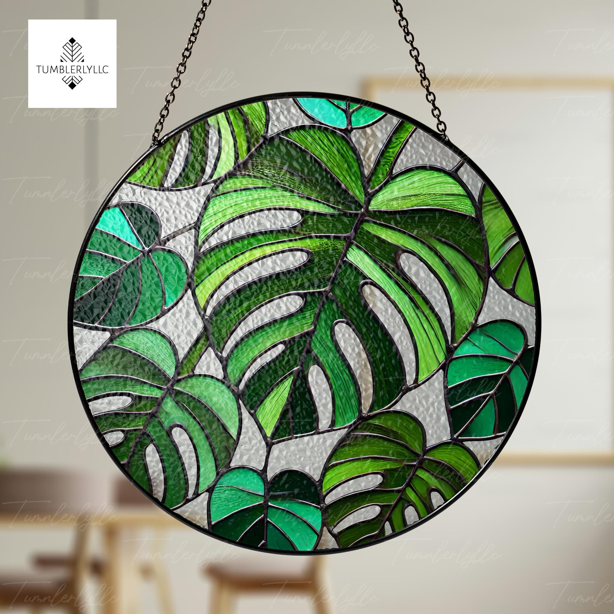 Monstera leaves glass suncatcher, vibrant tropical decor for indoor plants, perfect gift for plant lovers and home enthusiasts
