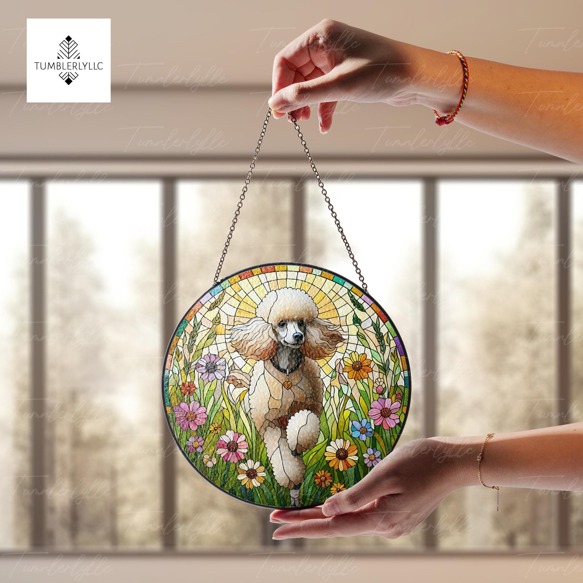 Poodle running among wildflowers glass suncatcher, vibrant poodle glass art, charming gift for dog lovers, poodle glass hanging