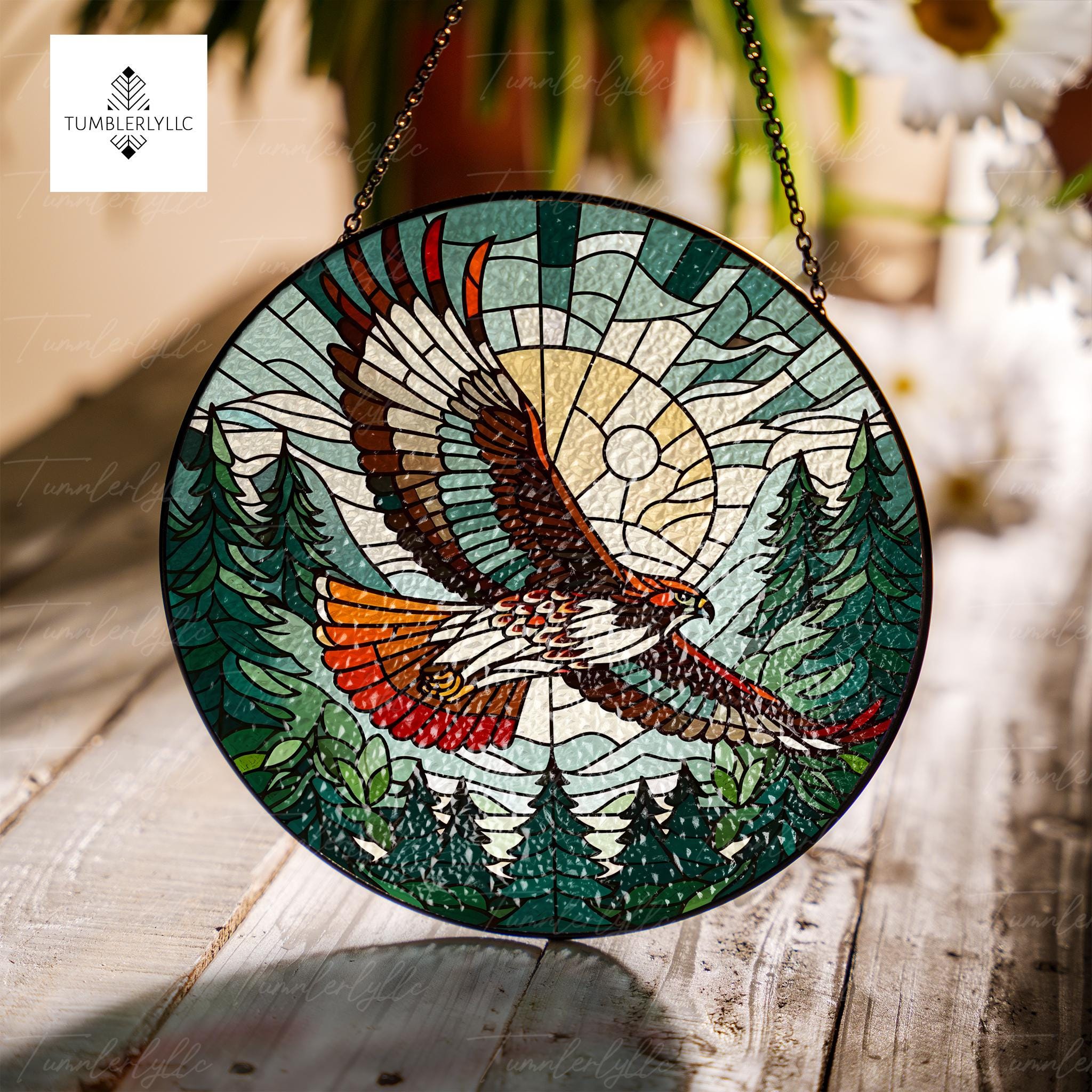 Flying Red-Tailed Hawk Glass Suncatcher, Nature Landscape Decor for Bird Nerds, Artistic Gift for Wildlife Lovers
