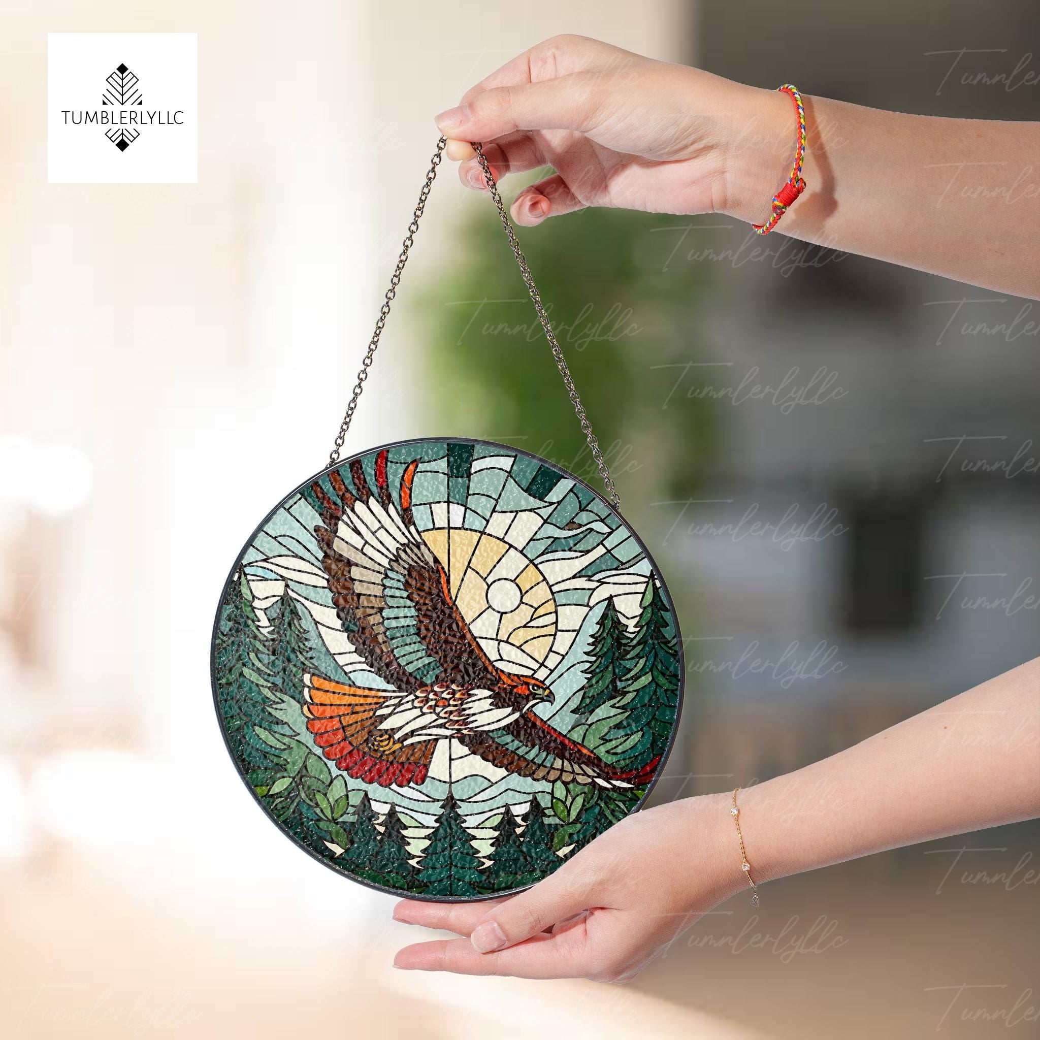 Flying Red-Tailed Hawk Glass Suncatcher, Nature Landscape Decor for Bird Nerds, Artistic Gift for Wildlife Lovers