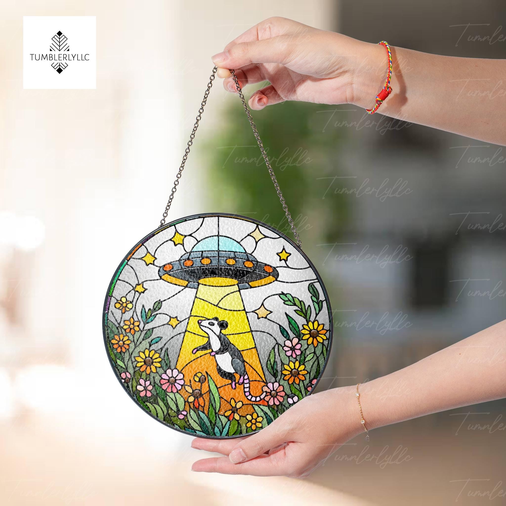 Funny Ufo Abducted opossum glass hanging, Funny ufo wildflower suncatcher, Funny possum meme,  quirky home decoration