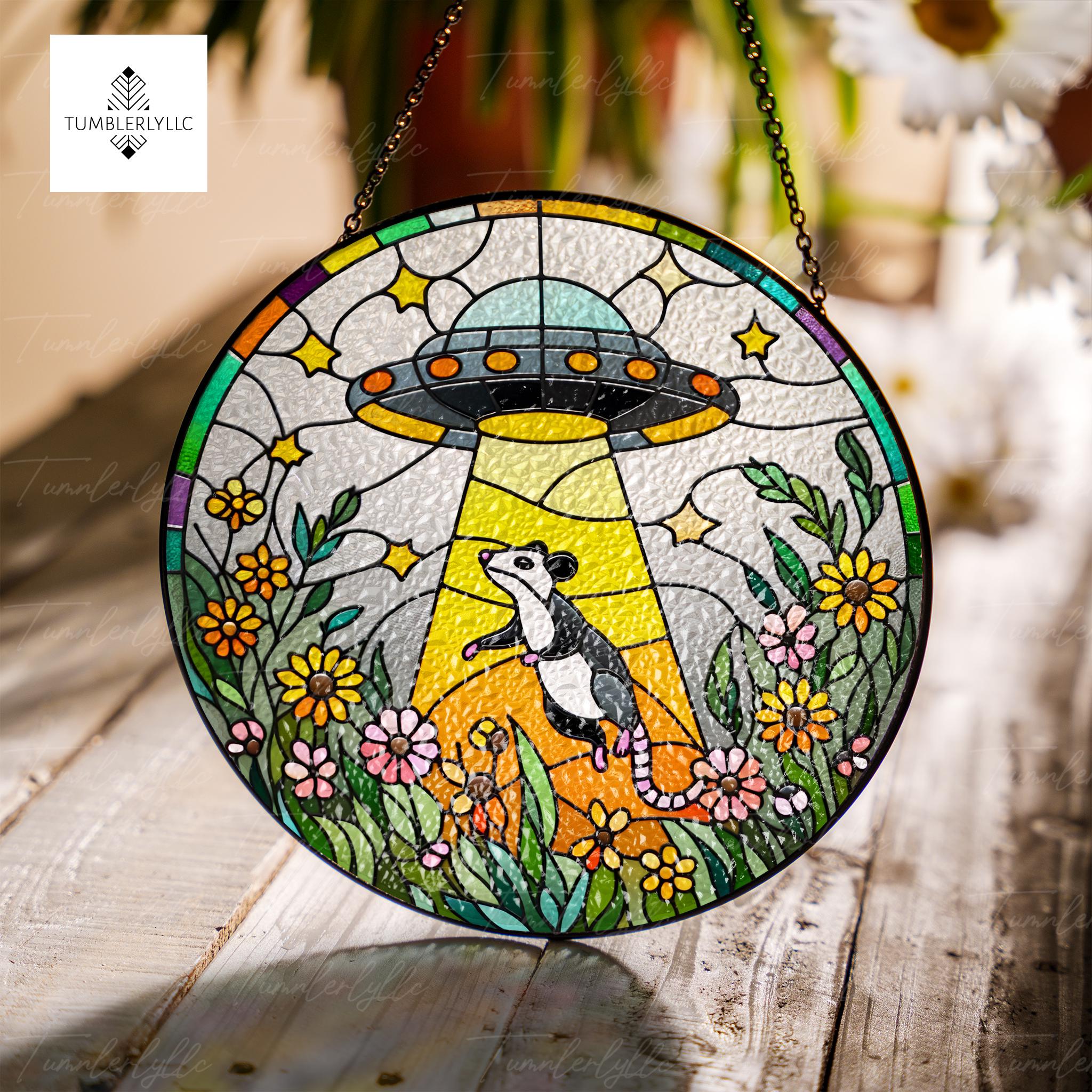 Funny Ufo Abducted opossum glass hanging, Funny ufo wildflower suncatcher, Funny possum meme,  quirky home decoration