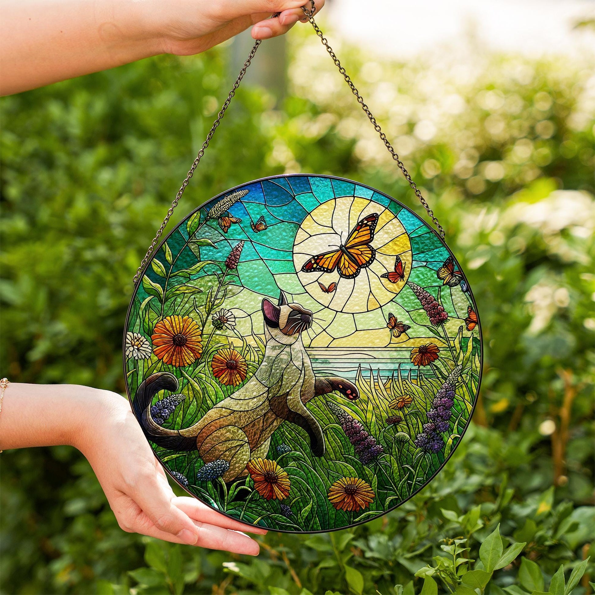 Siamese cat plays in wildflowers field GLASS suncatcher Hanging, siamese cat glass hanging, wildflowers Suncatcher, monarch suncatcher