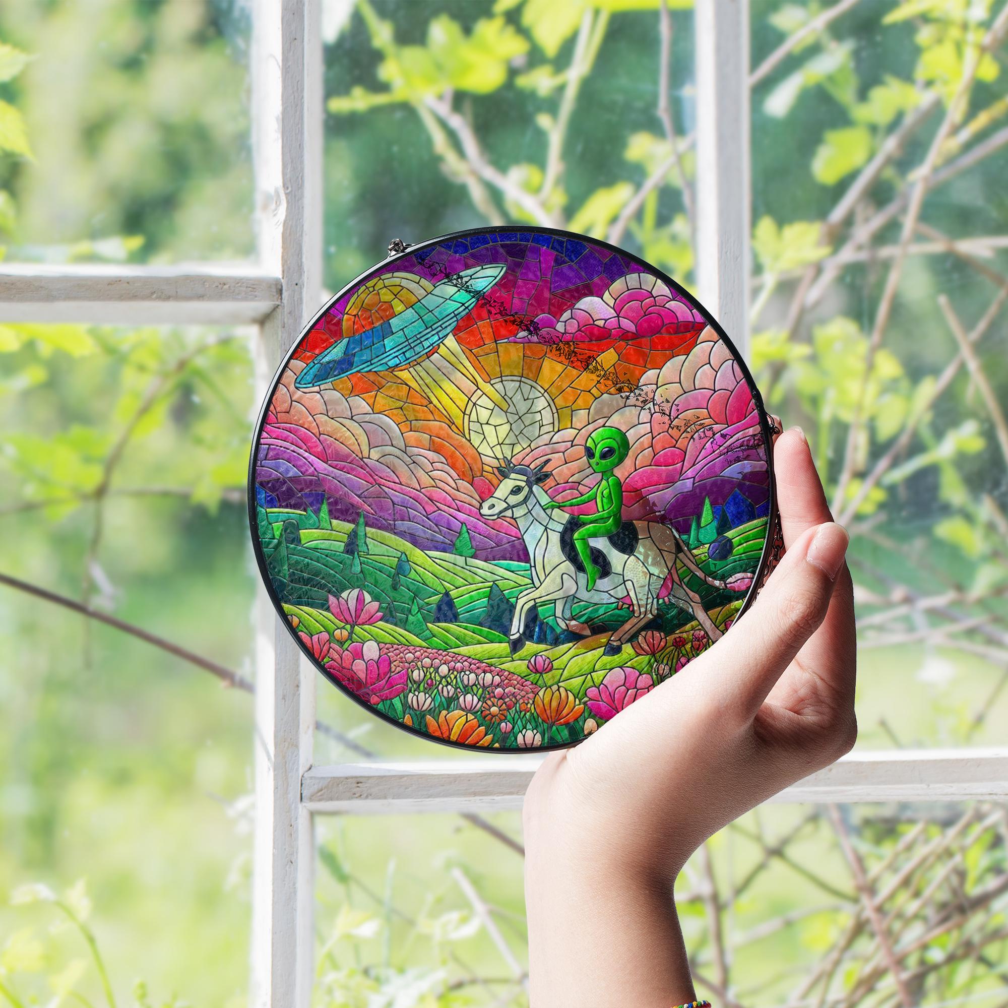 Funny Alien riding cow Wildflowers Glass Hanigng- Funny Gifts for Women, dreamy Window Hanging, Indoor Decor, Ufo suncatcher