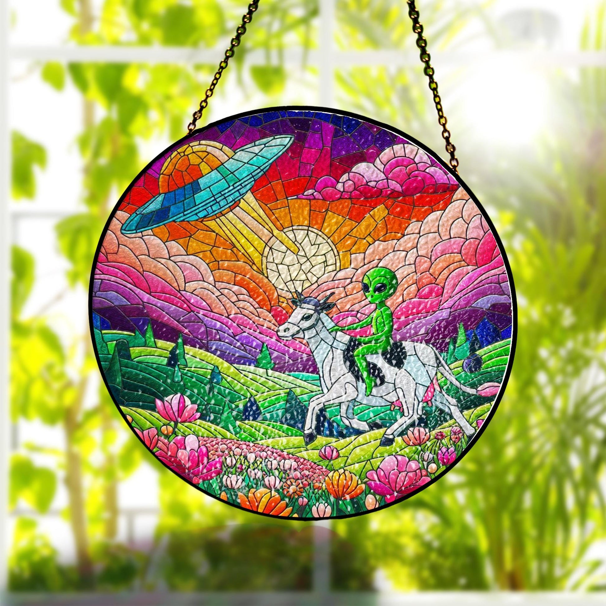 Funny Alien riding cow Wildflowers Glass Hanigng- Funny Gifts for Women, dreamy Window Hanging, Indoor Decor, Ufo suncatcher