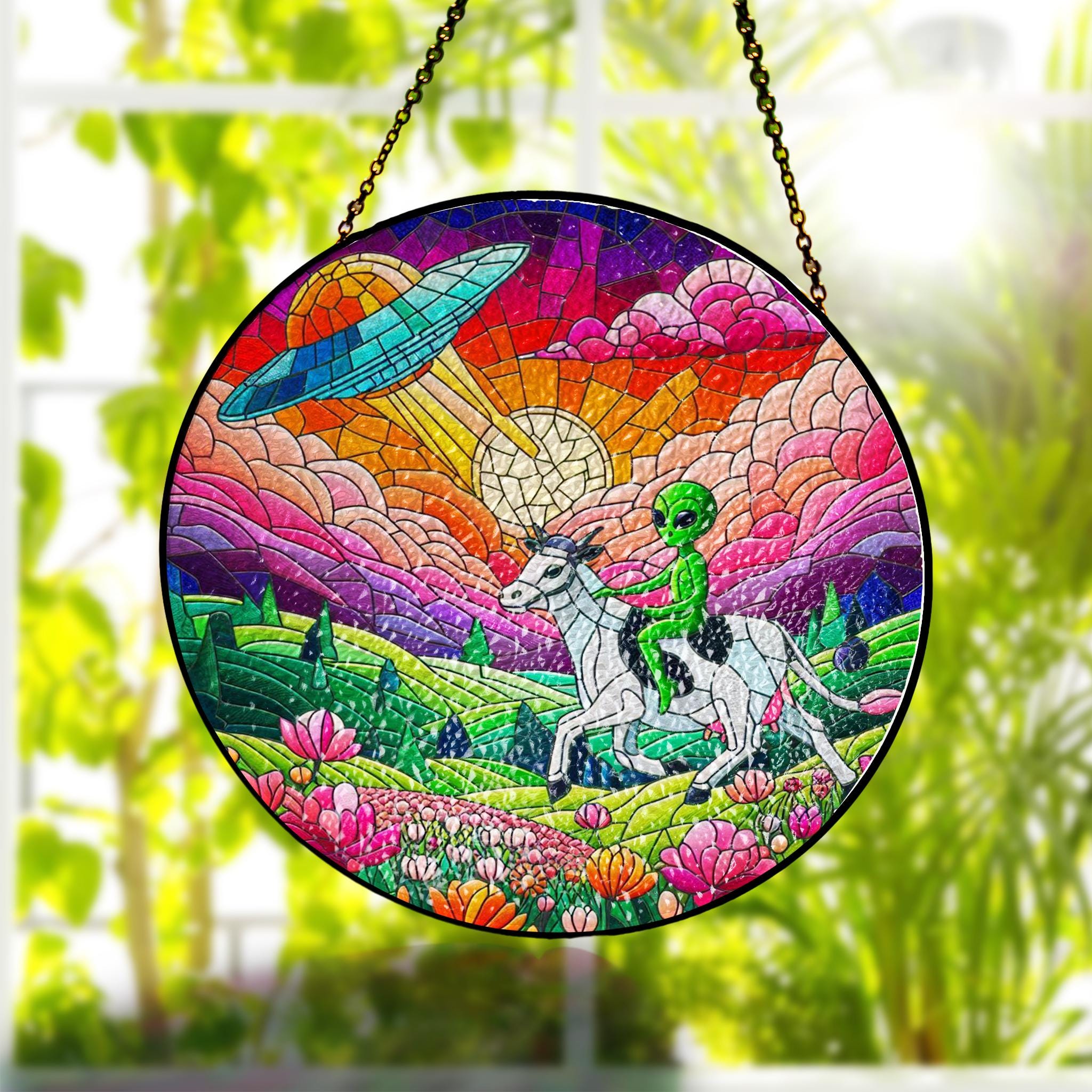 Funny Alien riding cow Wildflowers Glass Hanigng- Funny Gifts for Women, dreamy Window Hanging, Indoor Decor, Ufo suncatcher