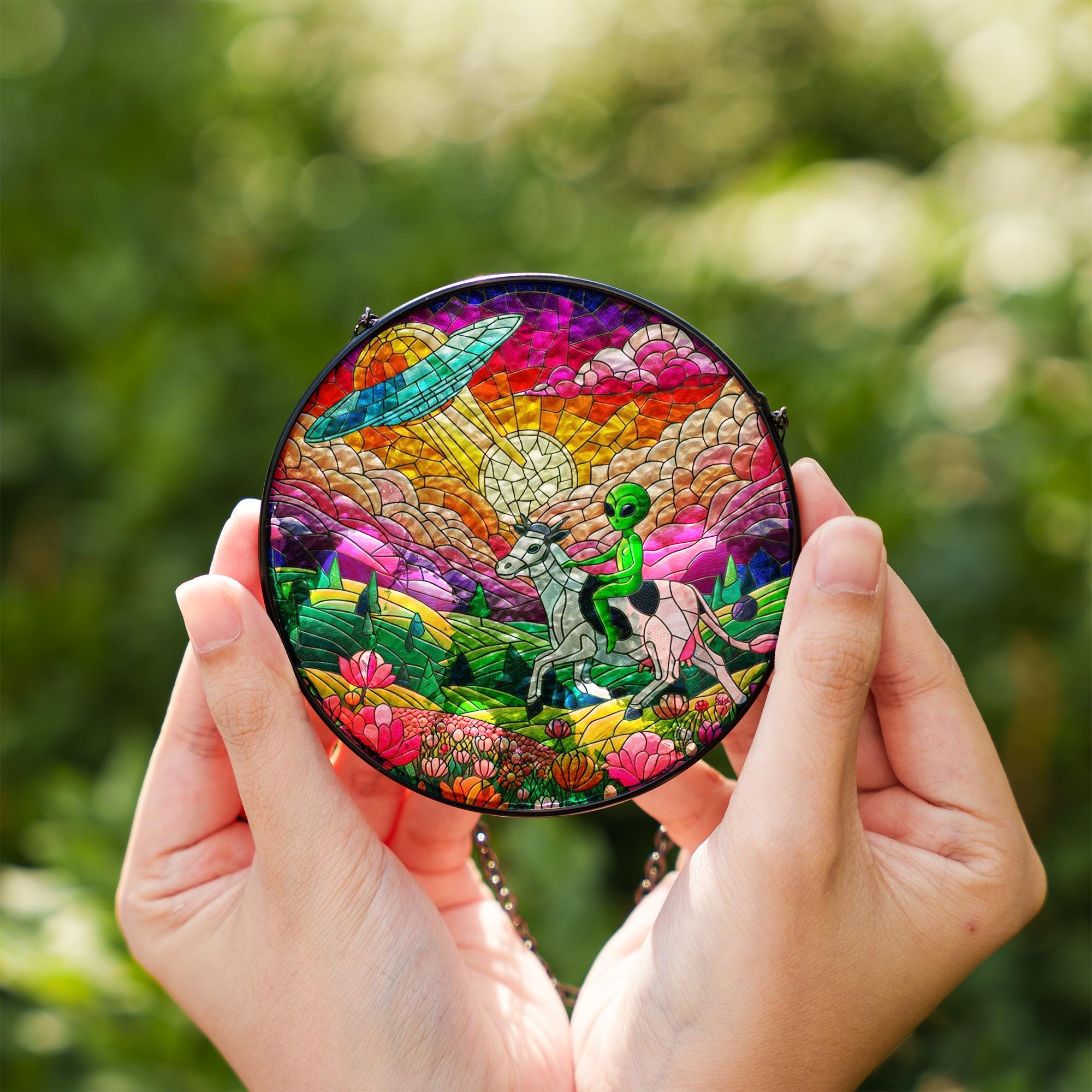 Funny Alien riding cow Wildflowers Glass Hanigng- Funny Gifts for Women, dreamy Window Hanging, Indoor Decor, Ufo suncatcher