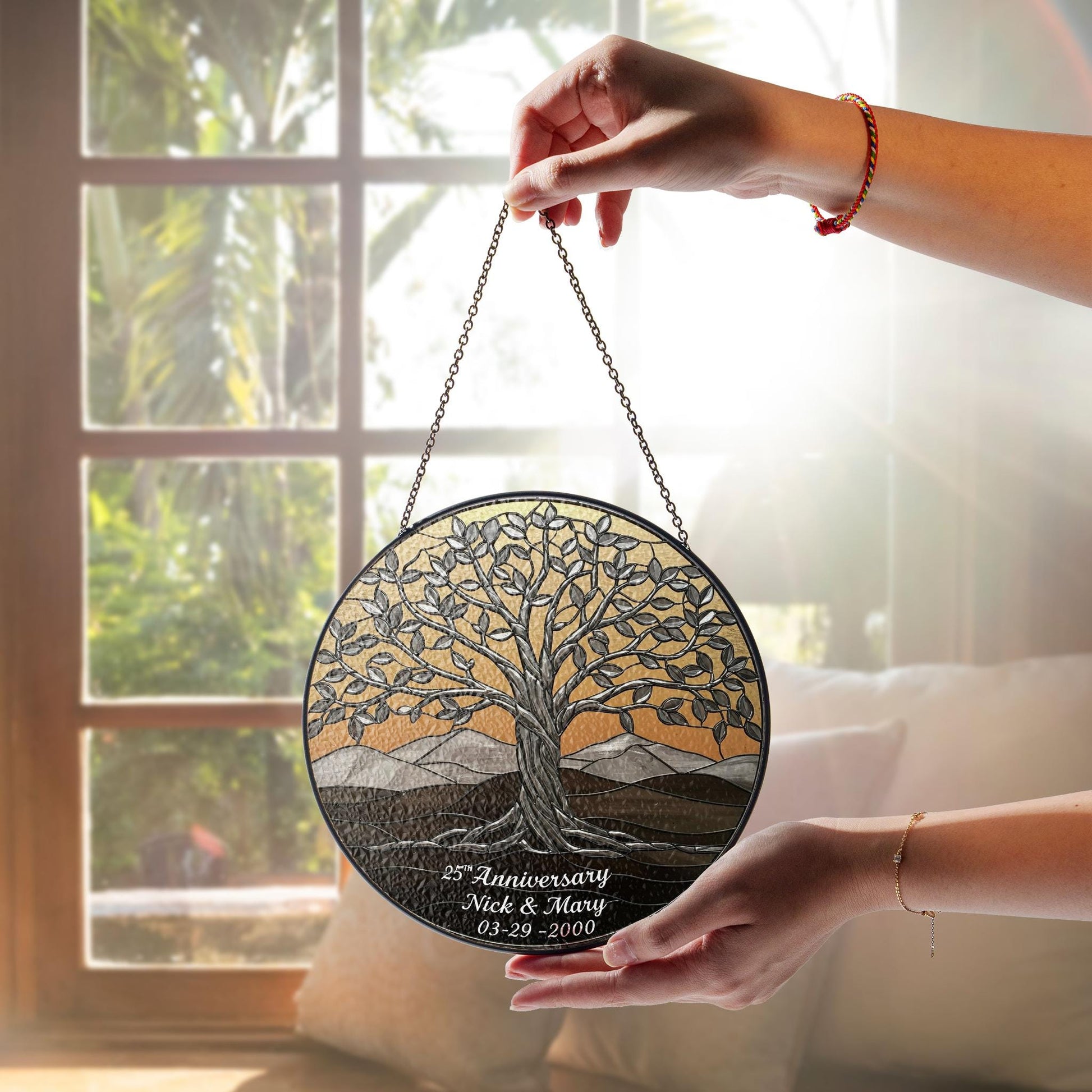 Personalized Tree of Life 25th Anniversary GLASS Hanging, Silver anniversary, Tree of life glass suncatcher, Anniversary gift for wife