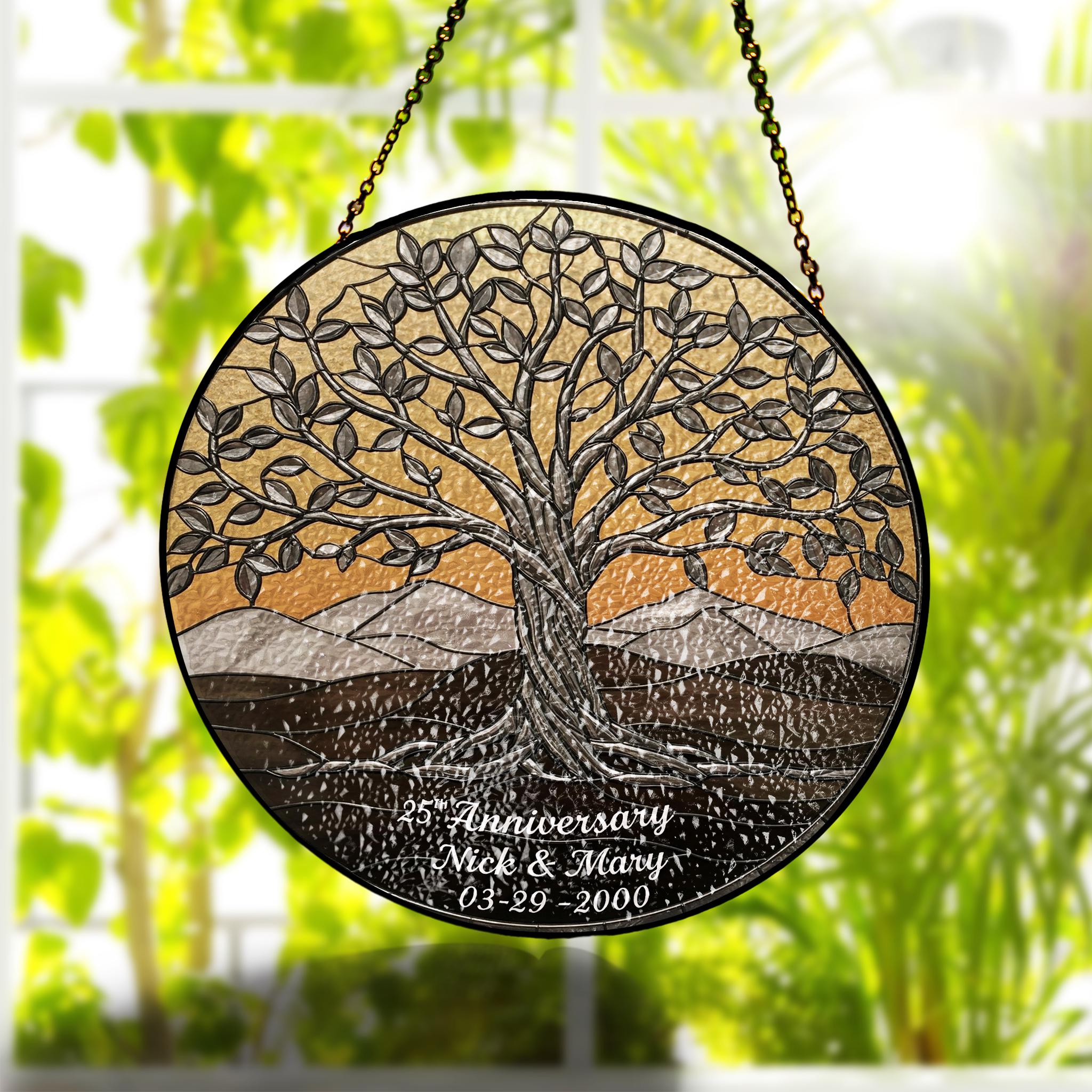 Personalized Tree of Life 25th Anniversary GLASS Hanging, Silver anniversary, Tree of life glass suncatcher, Anniversary gift for wife