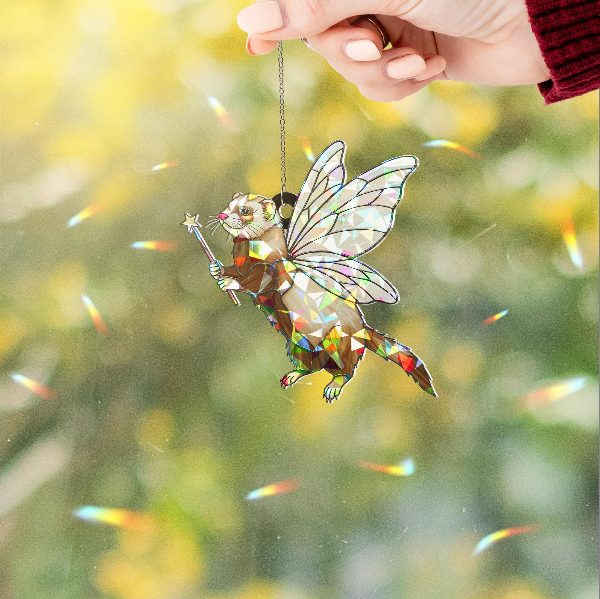 Hologram Fairy ferret Acrylic Window Hanging, Handcrafted ferret decor,  window hanging, ferret lover gift, fairy ferret decor