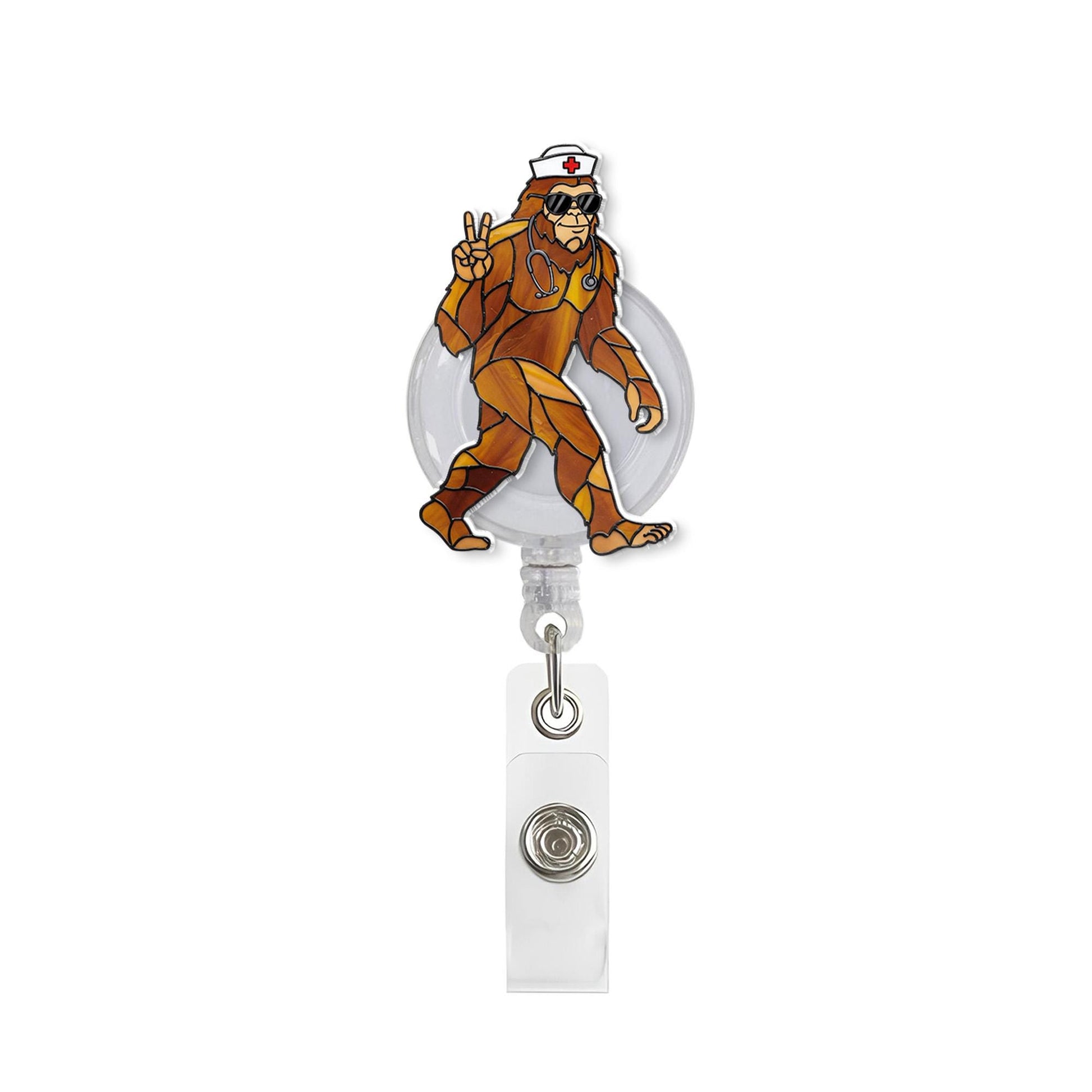 Funny Sasquatch Faux Stain Glass Badge Reel, Bigfoot Fan Gift, Bigfoot Badge Clip, Gift For Nurse, RN Id Holder, Nurse Gift, Funny Gift
