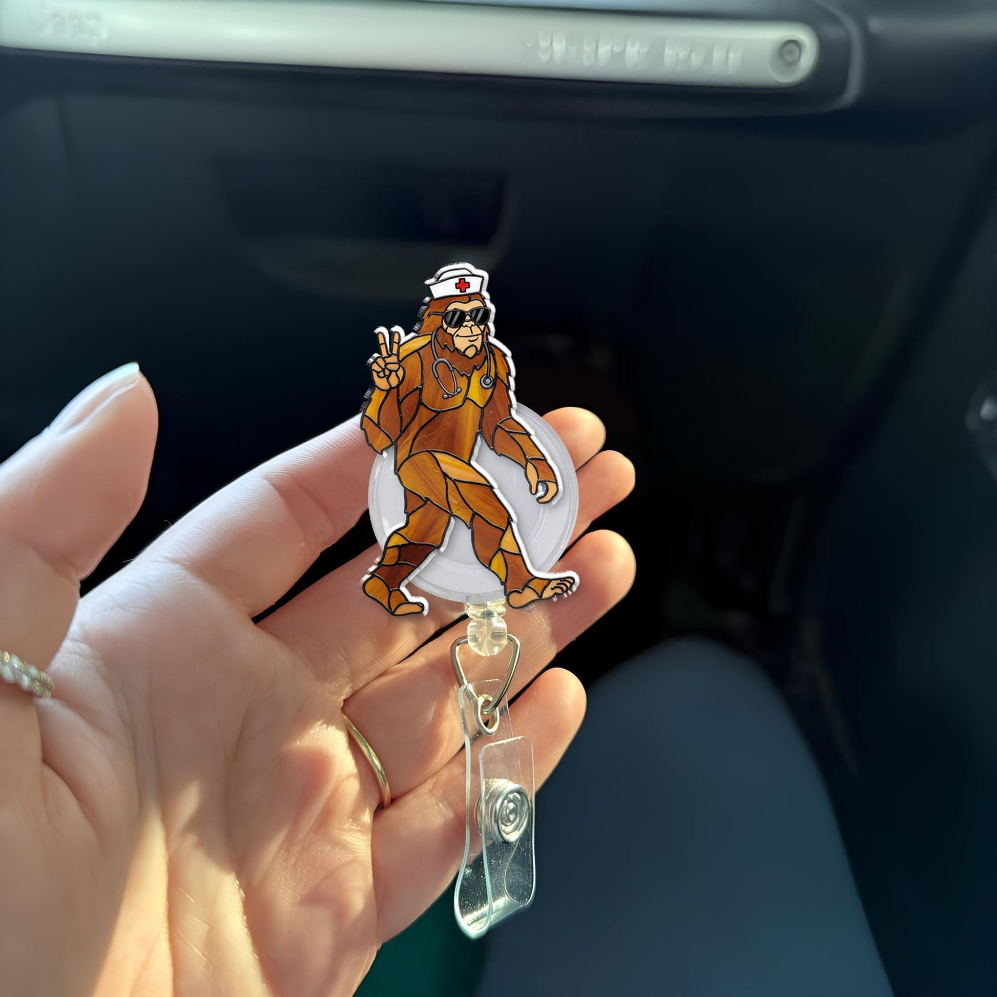 Funny Sasquatch Faux Stain Glass Badge Reel, Bigfoot Fan Gift, Bigfoot Badge Clip, Gift For Nurse, RN Id Holder, Nurse Gift, Funny Gift