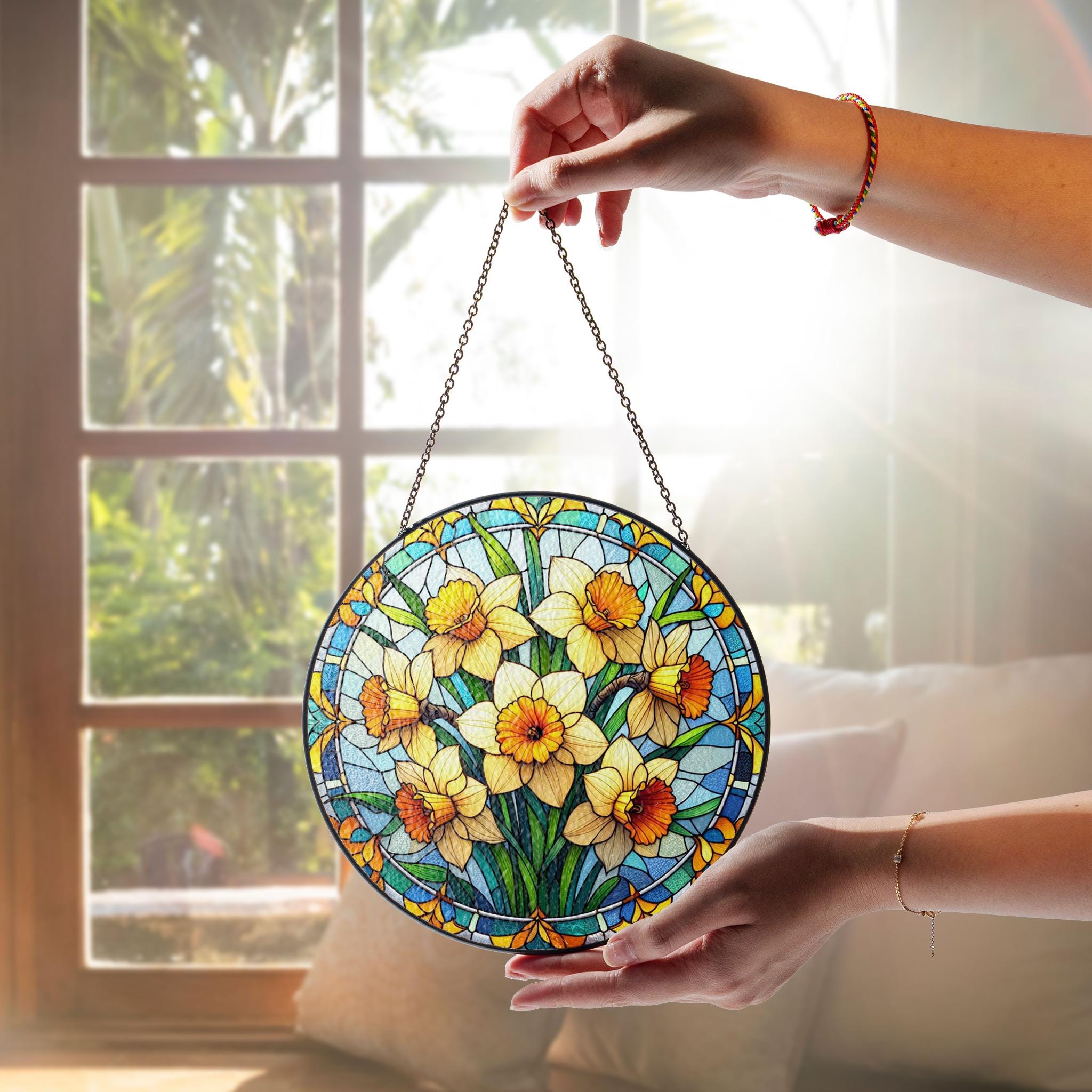 Daffodil glass suncatcher, Birth Month Flowers gift, March Birthday idea gift, Daffodil lovers, Kitchen decor hanging