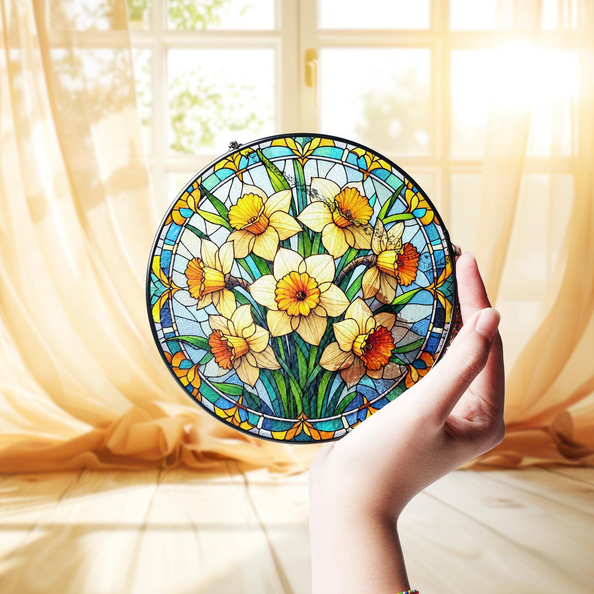 Daffodil glass suncatcher, Birth Month Flowers gift, March Birthday idea gift, Daffodil lovers, Kitchen decor hanging