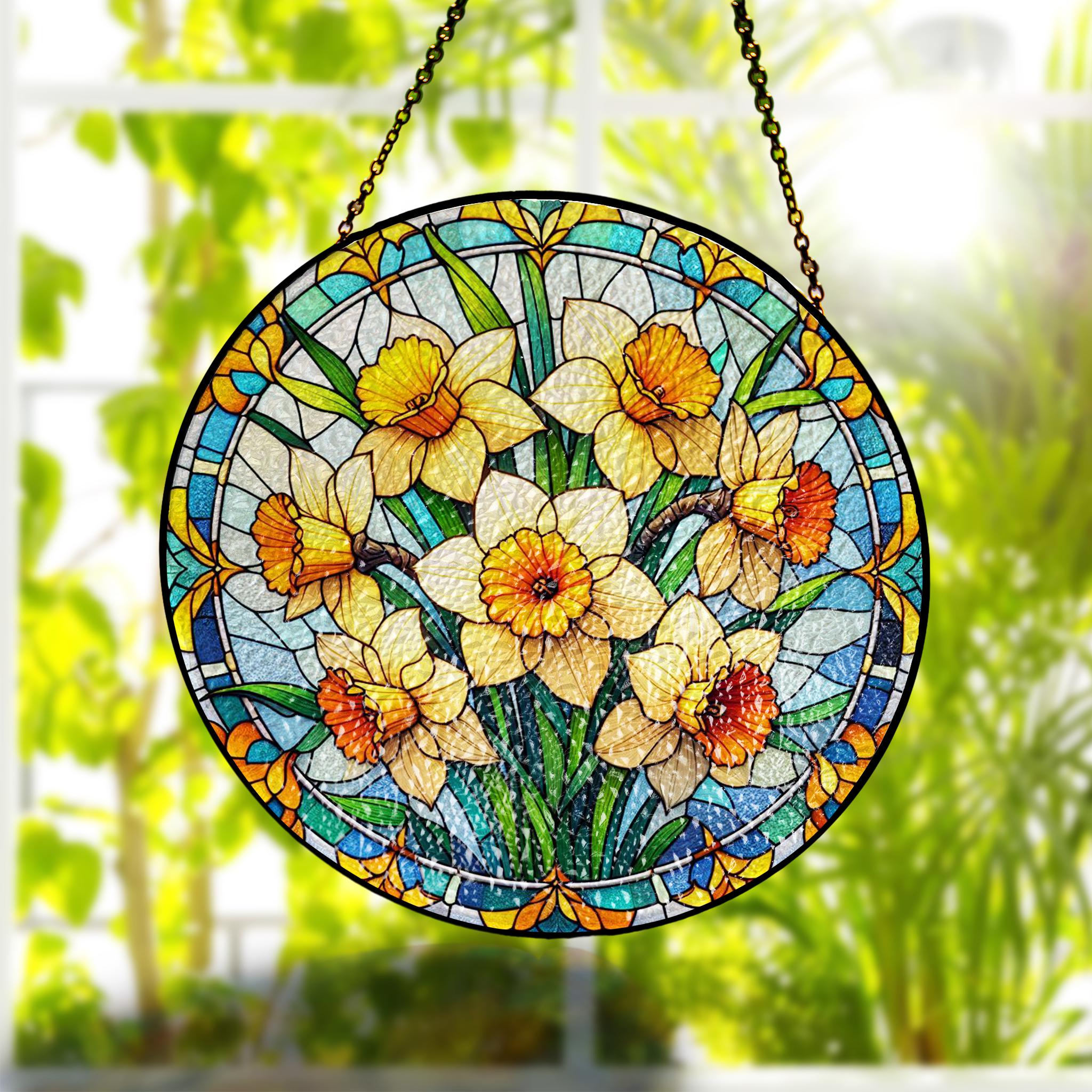 Daffodil glass suncatcher, Birth Month Flowers gift, March Birthday idea gift, Daffodil lovers, Kitchen decor hanging