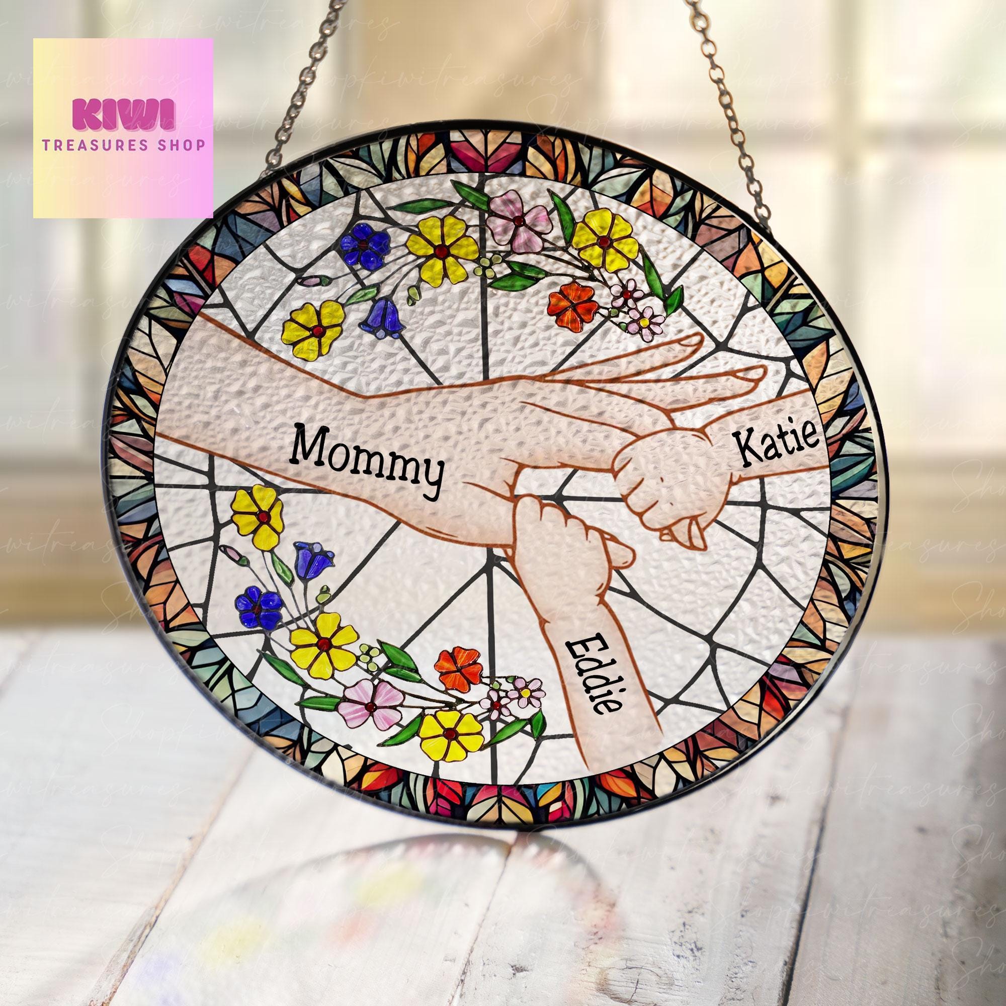 Personalized Gifts For Mom Kids Holding Mom Hand Glass Suncatcher, Mother's Day Gift Glass Suncatcher, Mom Suncatcher, Mama, gift for mom