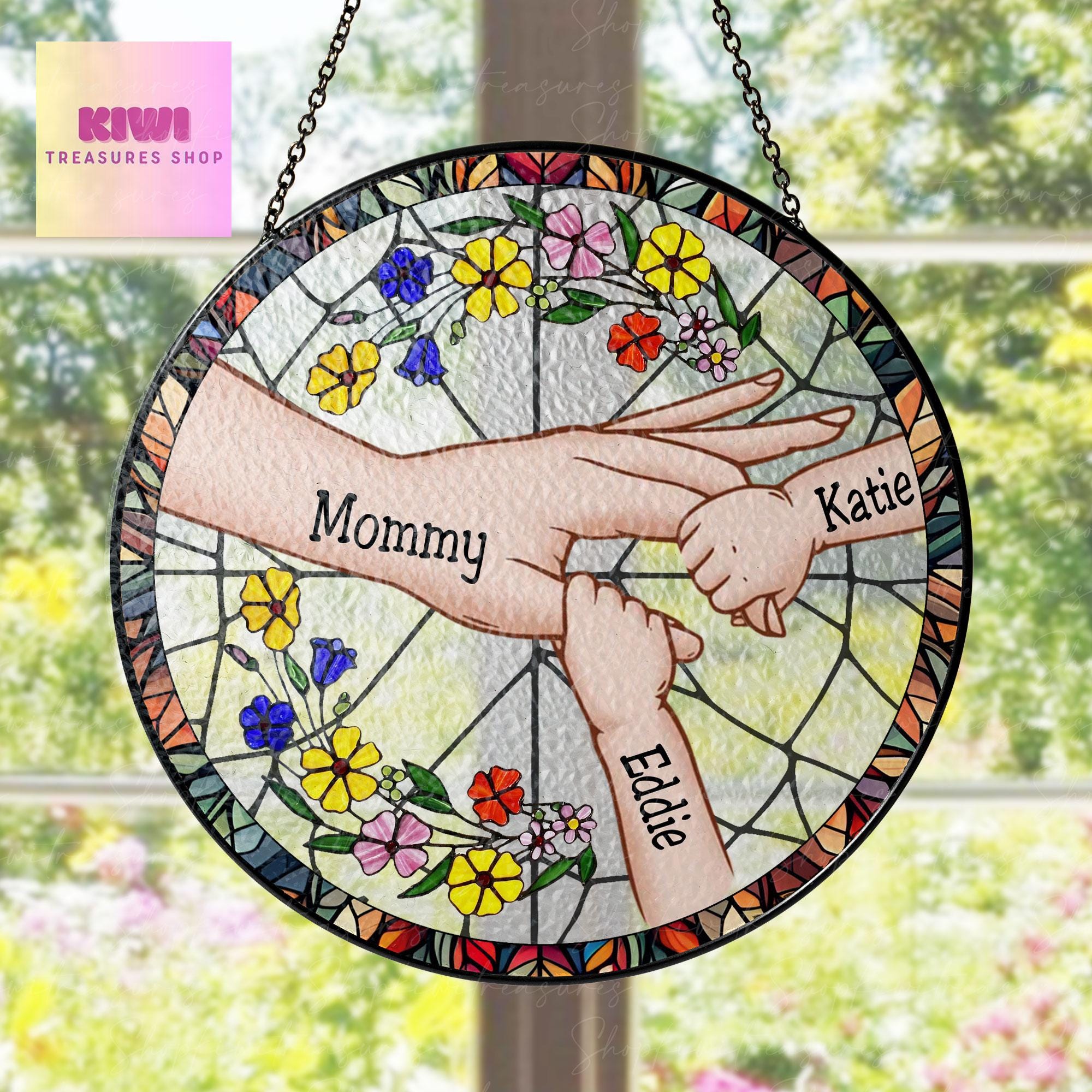 Personalized Gifts For Mom Kids Holding Mom Hand Glass Suncatcher, Mother's Day Gift Glass Suncatcher, Mom Suncatcher, Mama, gift for mom