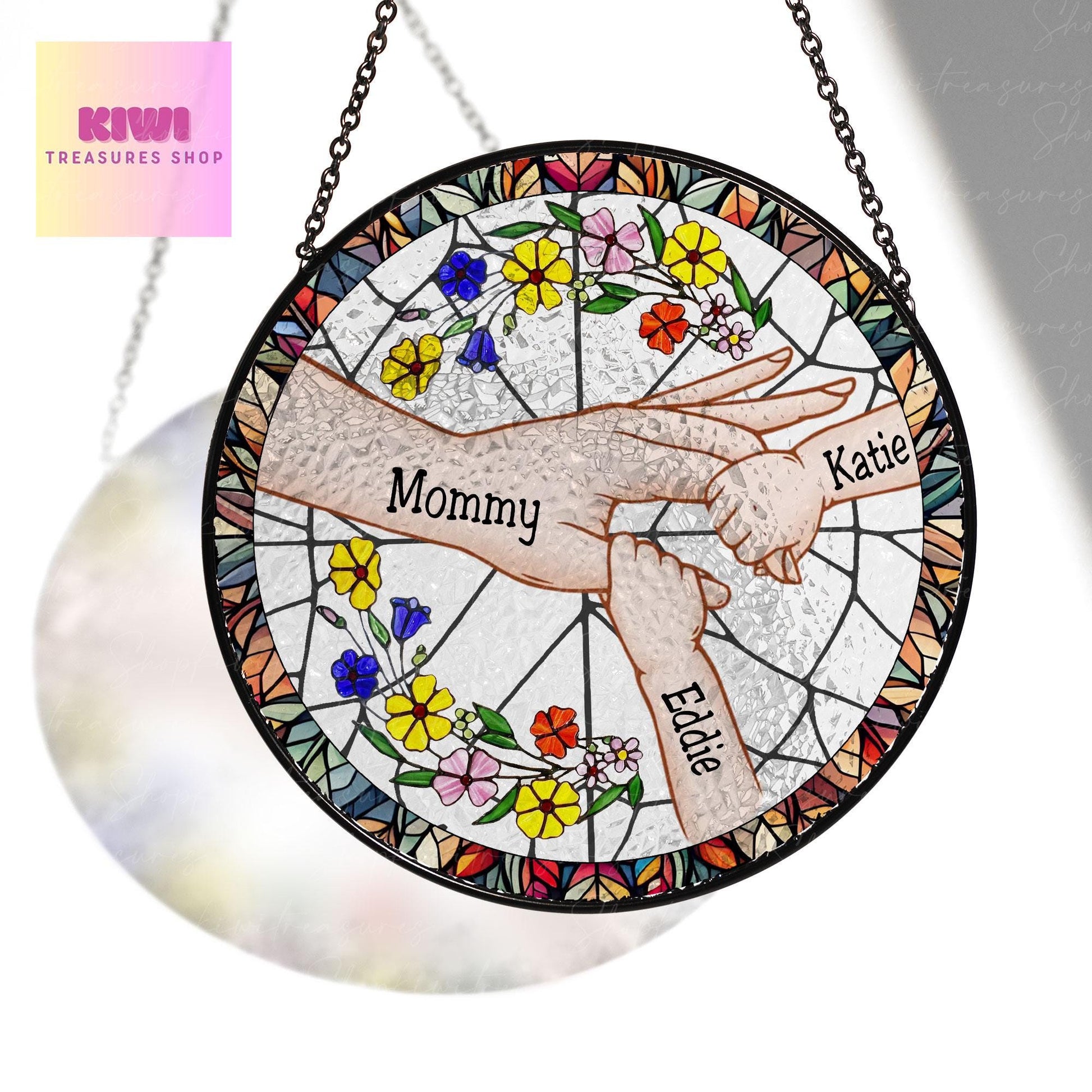 Personalized Gifts For Mom Kids Holding Mom Hand Glass Suncatcher, Mother's Day Gift Glass Suncatcher, Mom Suncatcher, Mama, gift for mom