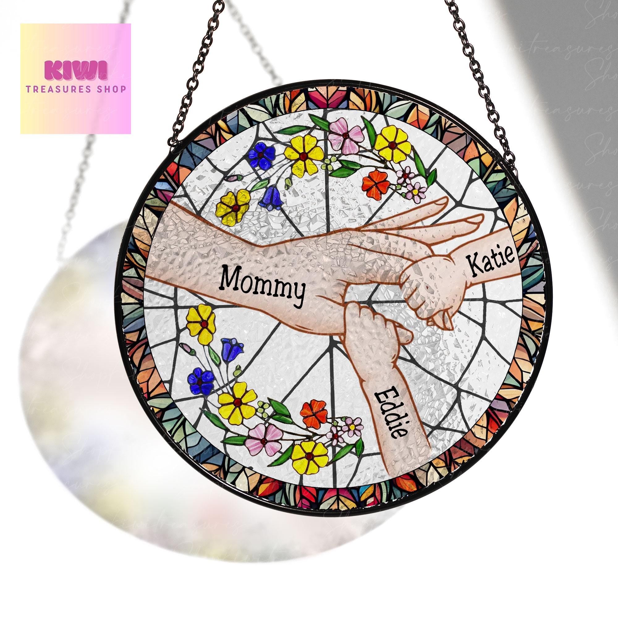 Personalized Gifts For Mom Kids Holding Mom Hand Glass Suncatcher, Mother's Day Gift Glass Suncatcher, Mom Suncatcher, Mama, gift for mom